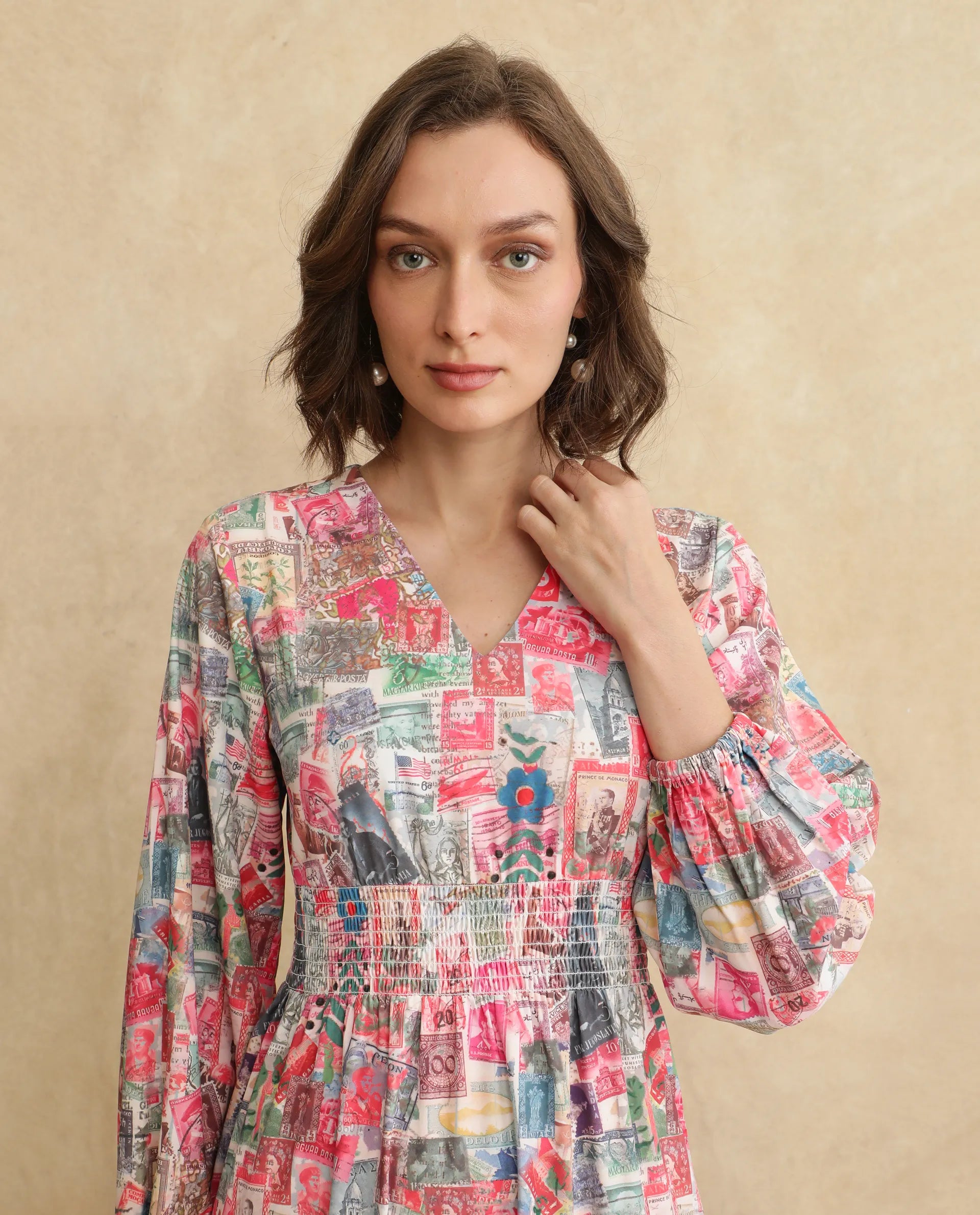 Rareism Women's Reting Light Multi Satin Fabric V-Neck  Full Sleeve Object Print Fit And Flare Maxi Dress