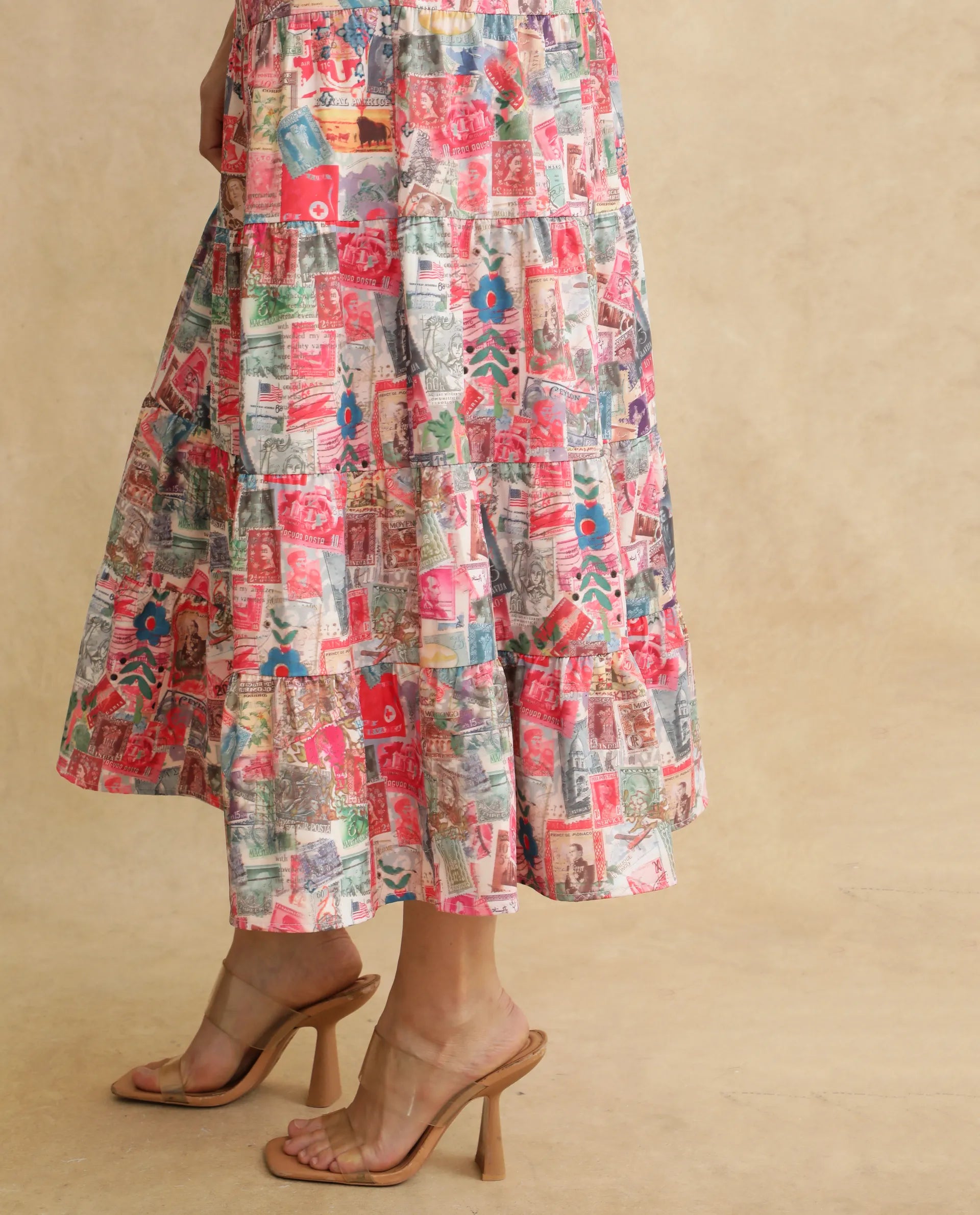 Rareism Women's Reting Light Multi Satin Fabric V-Neck  Full Sleeve Object Print Fit And Flare Maxi Dress