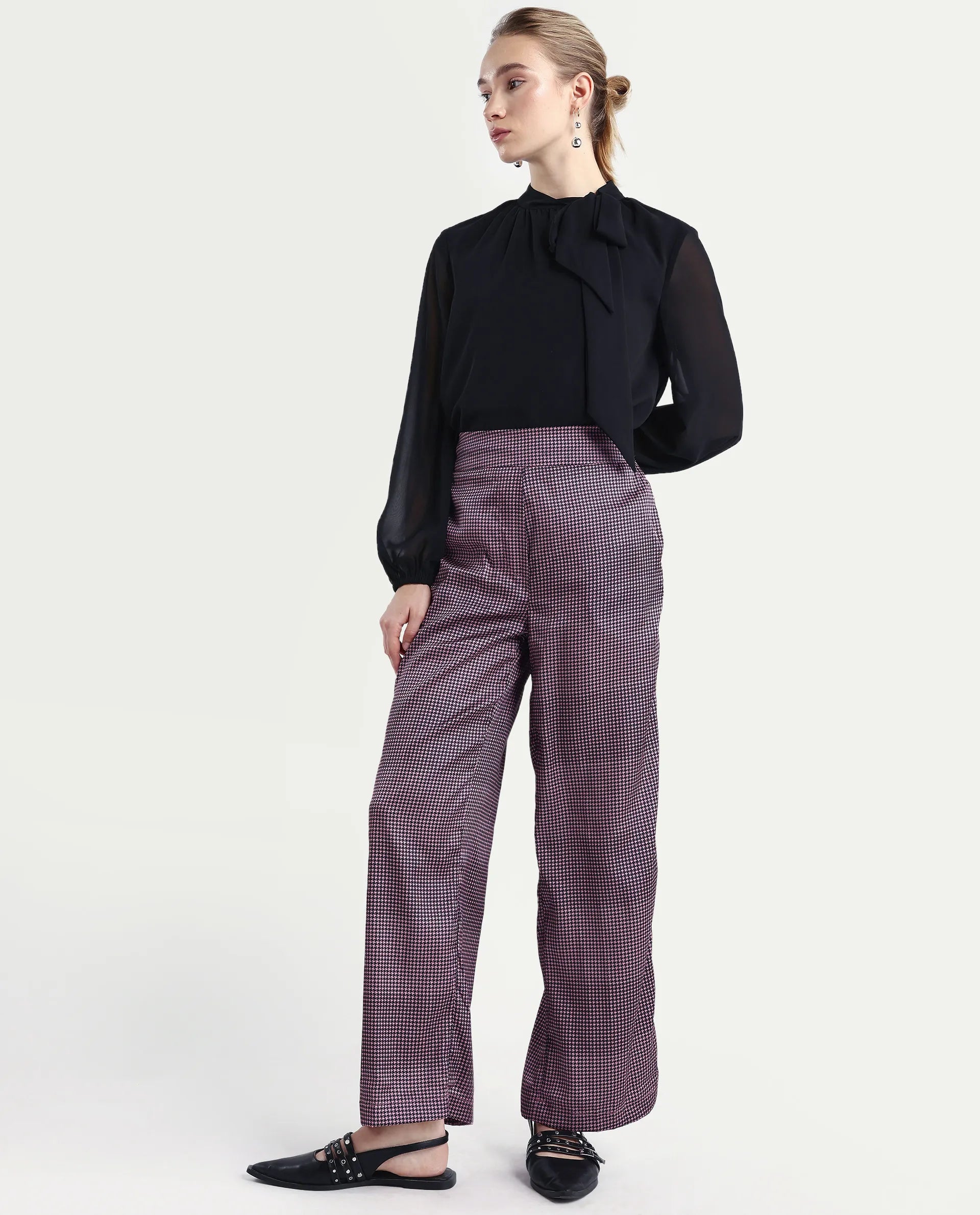 Rareism Women's Retre Multi Polyester Blend Houndstooth Print Ankle Length Straight Fit Trouser
