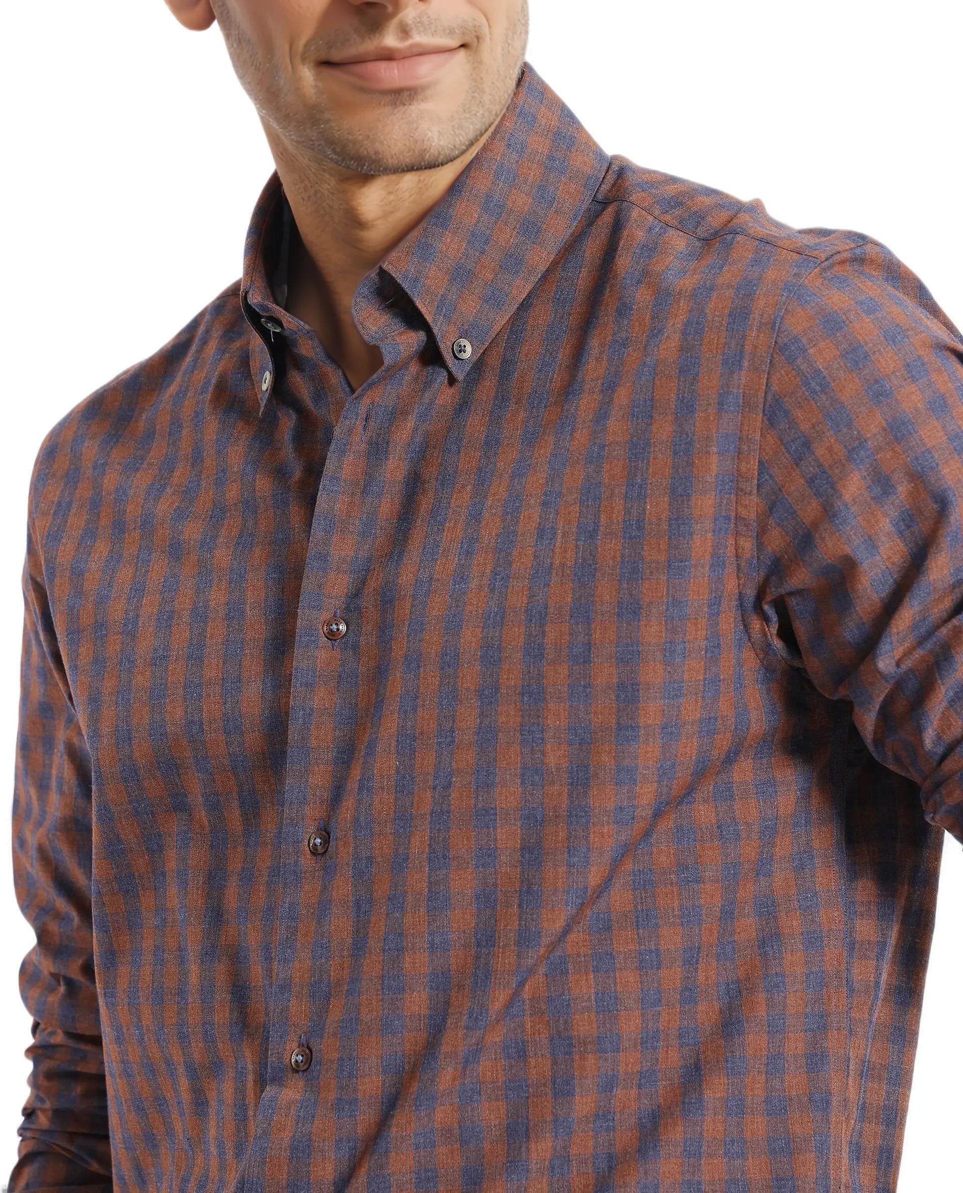 Rare Rabbit Men's Rettos Dark Brown Cotton Fabric Full Sleeve Collared Neck Regular Fit Checks Shirt