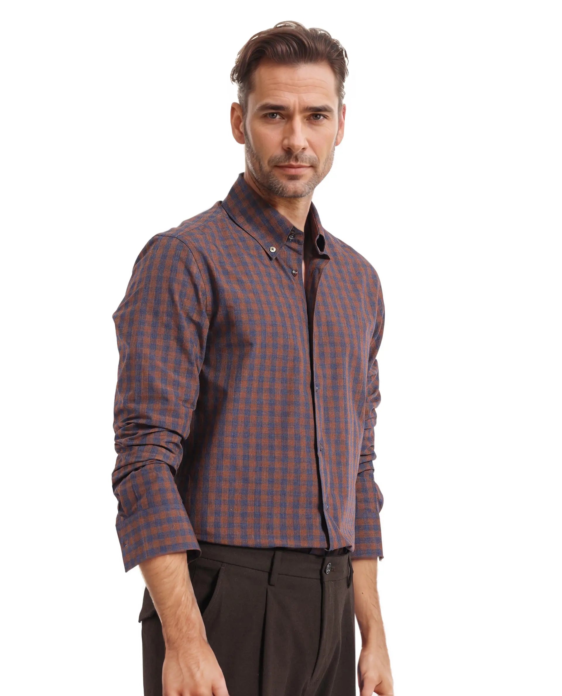 Rare Rabbit Men's Rettos Dark Brown Cotton Fabric Full Sleeve Collared Neck Regular Fit Checks Shirt