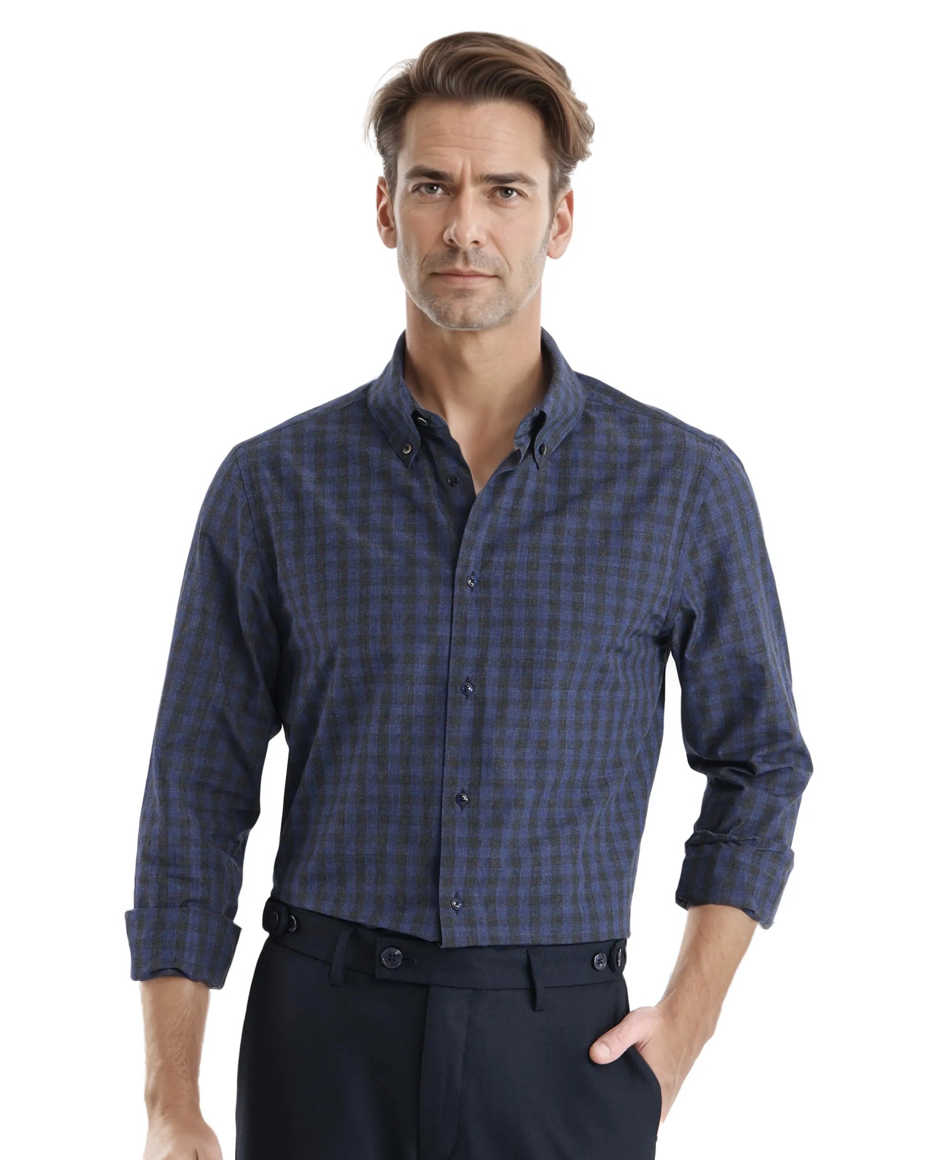 Rare Rabbit Men's Rettos Dark Navy Cotton Fabric Full Sleeve Collared Neck Oversized Fit Checks Shirt