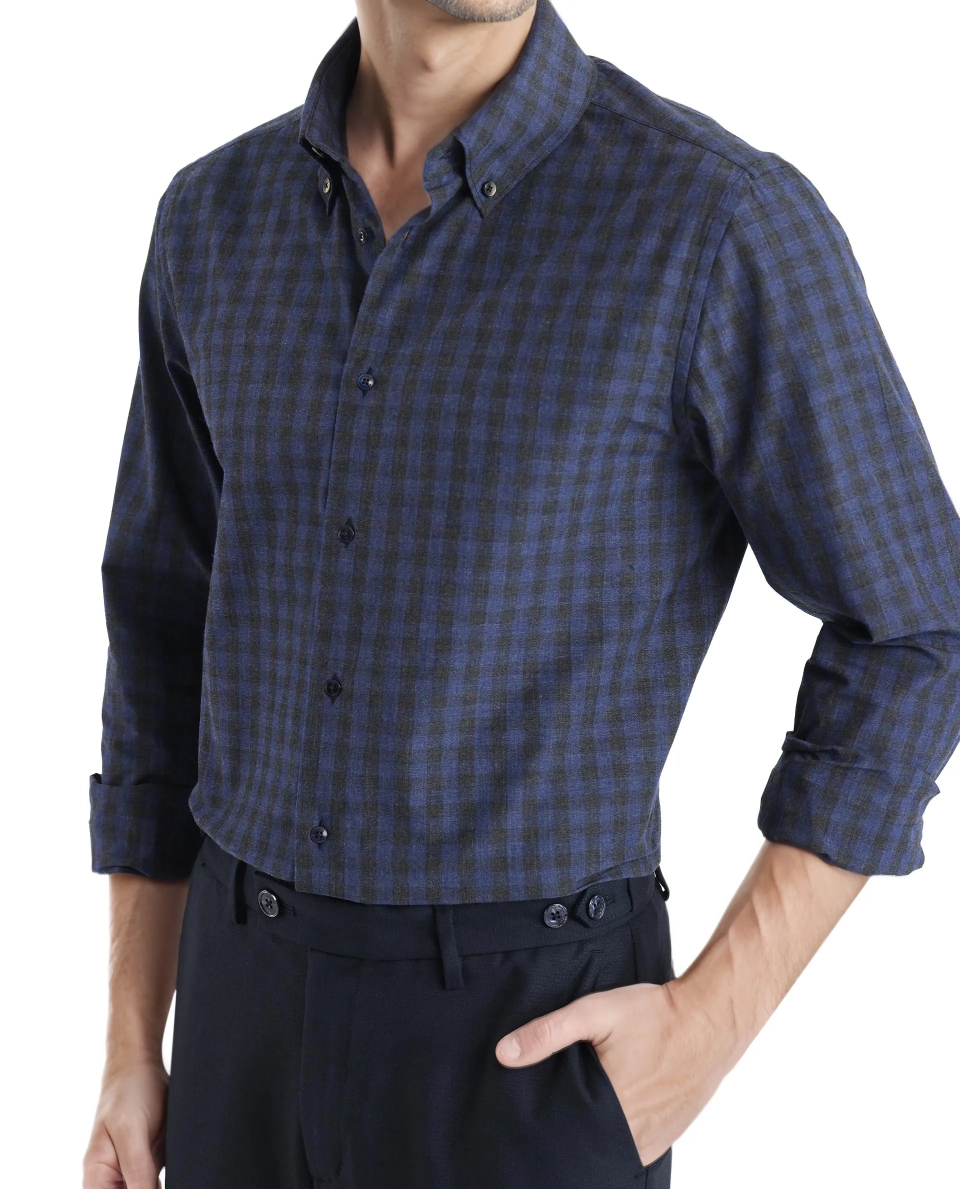 Rare Rabbit Men's Rettos Dark Navy Cotton Fabric Full Sleeve Collared Neck Oversized Fit Checks Shirt