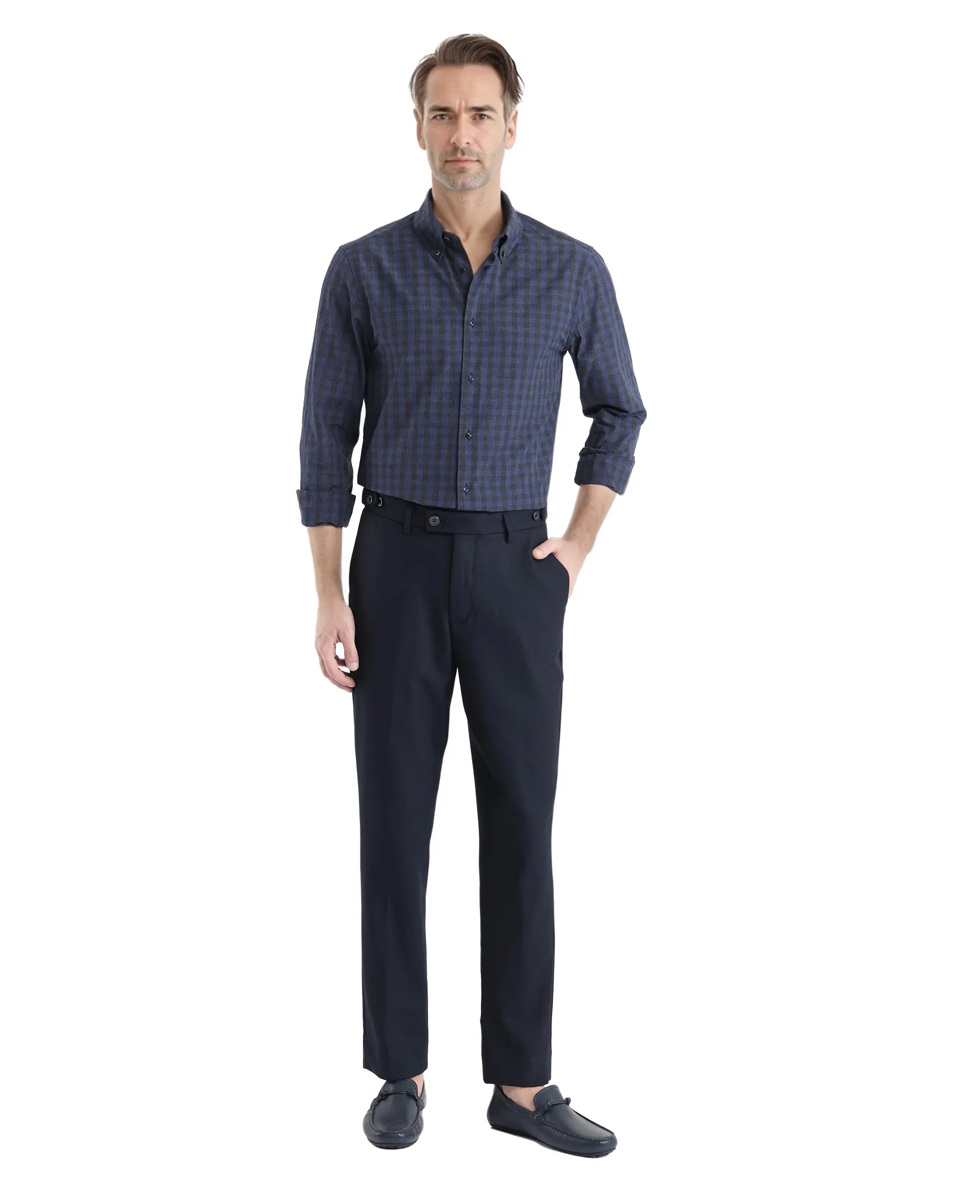 Rare Rabbit Men's Rettos Dark Navy Cotton Fabric Full Sleeve Collared Neck Oversized Fit Checks Shirt