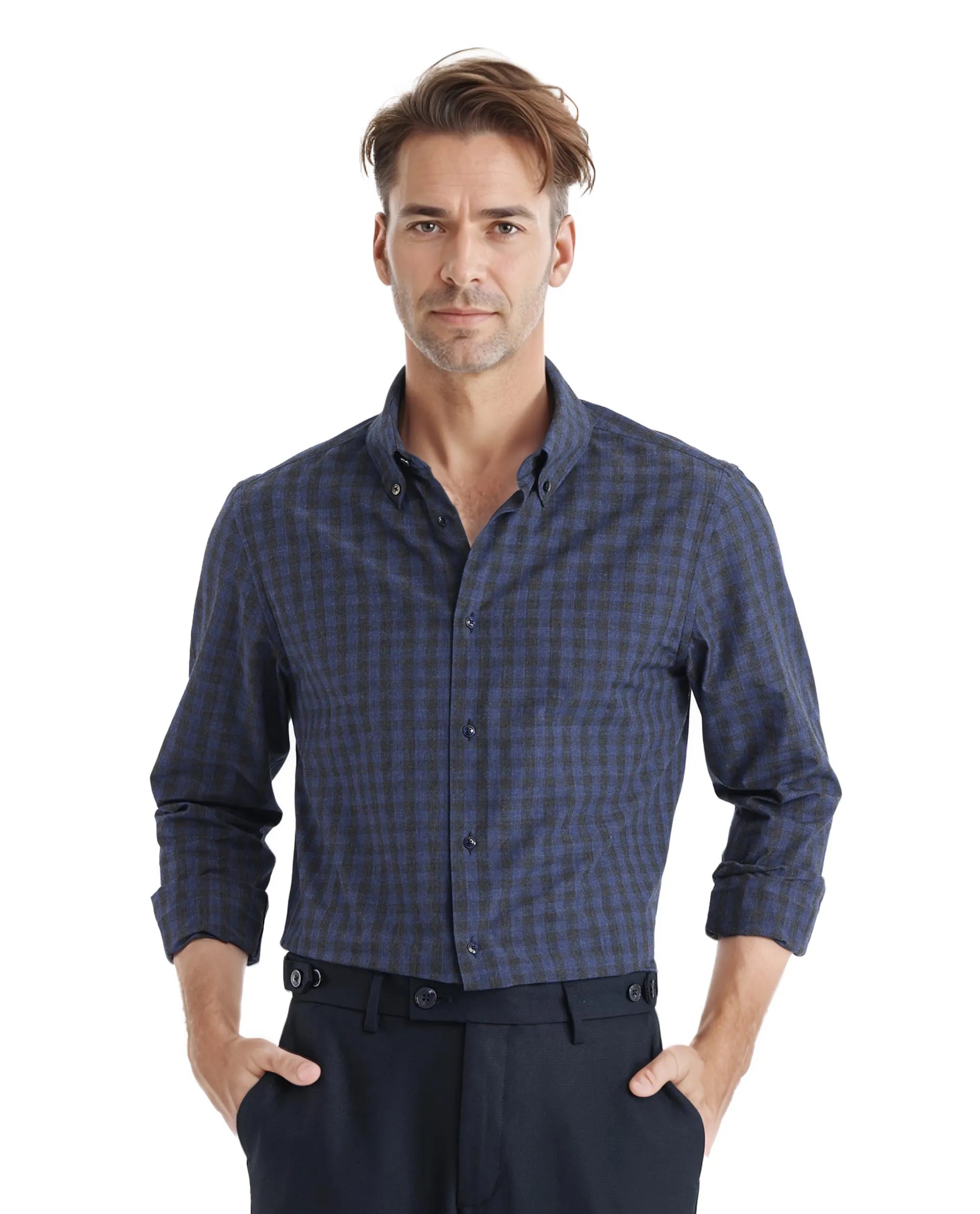 Rare Rabbit Men's Rettos Dark Navy Cotton Fabric Full Sleeve Collared Neck Oversized Fit Checks Shirt