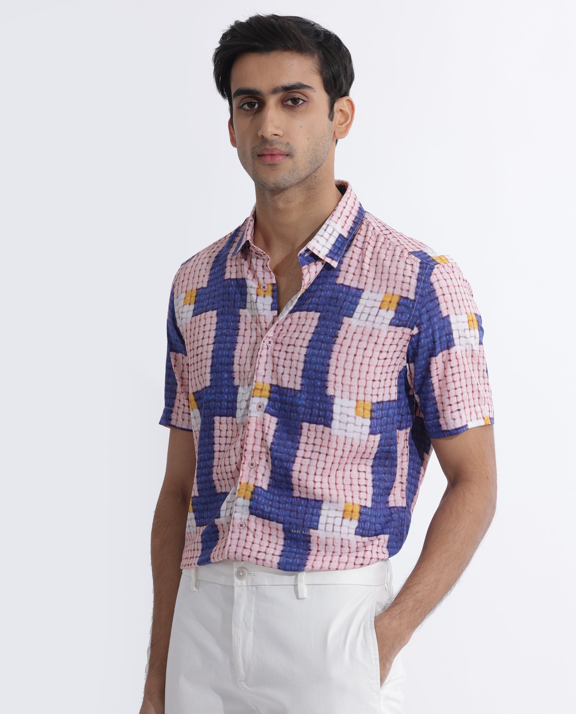 Rare Rabbit Men's Reusa Blue Viscose Fabric Abstract Print Half Sleeves Shirt