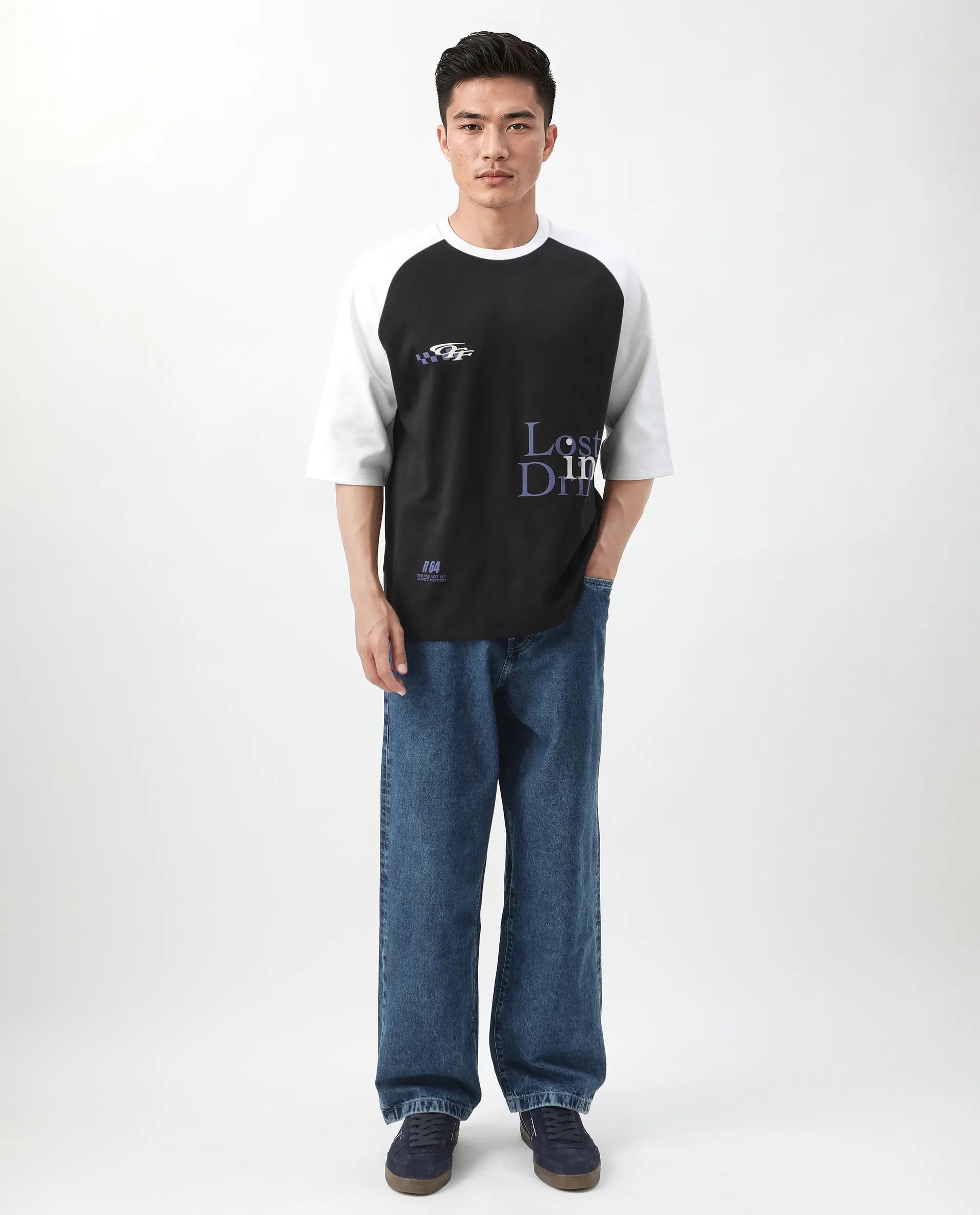 Rare Rabbit Men's Reva Black Cotton Blend Hd Print Oversized Fit Half Sleeve Crew Neck T-Shirt