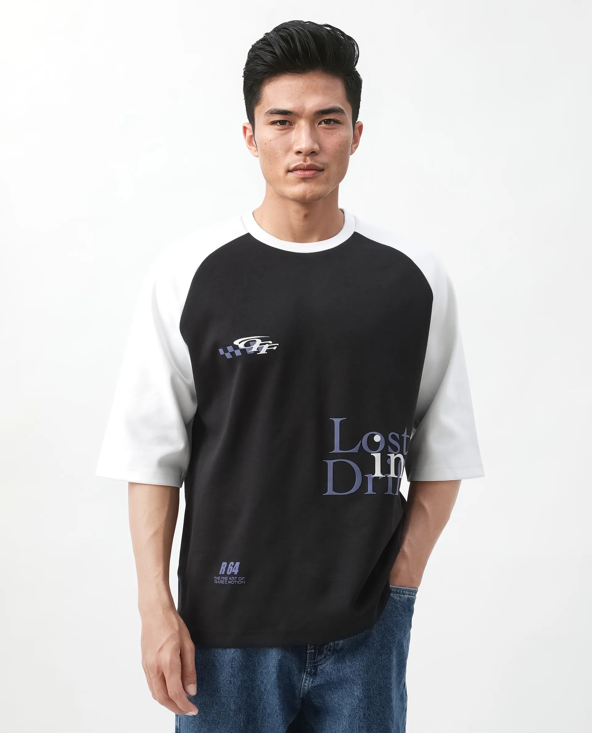 Rare Rabbit Men's Reva Black Cotton Blend Hd Print Oversized Fit Half Sleeve Crew Neck T-Shirt