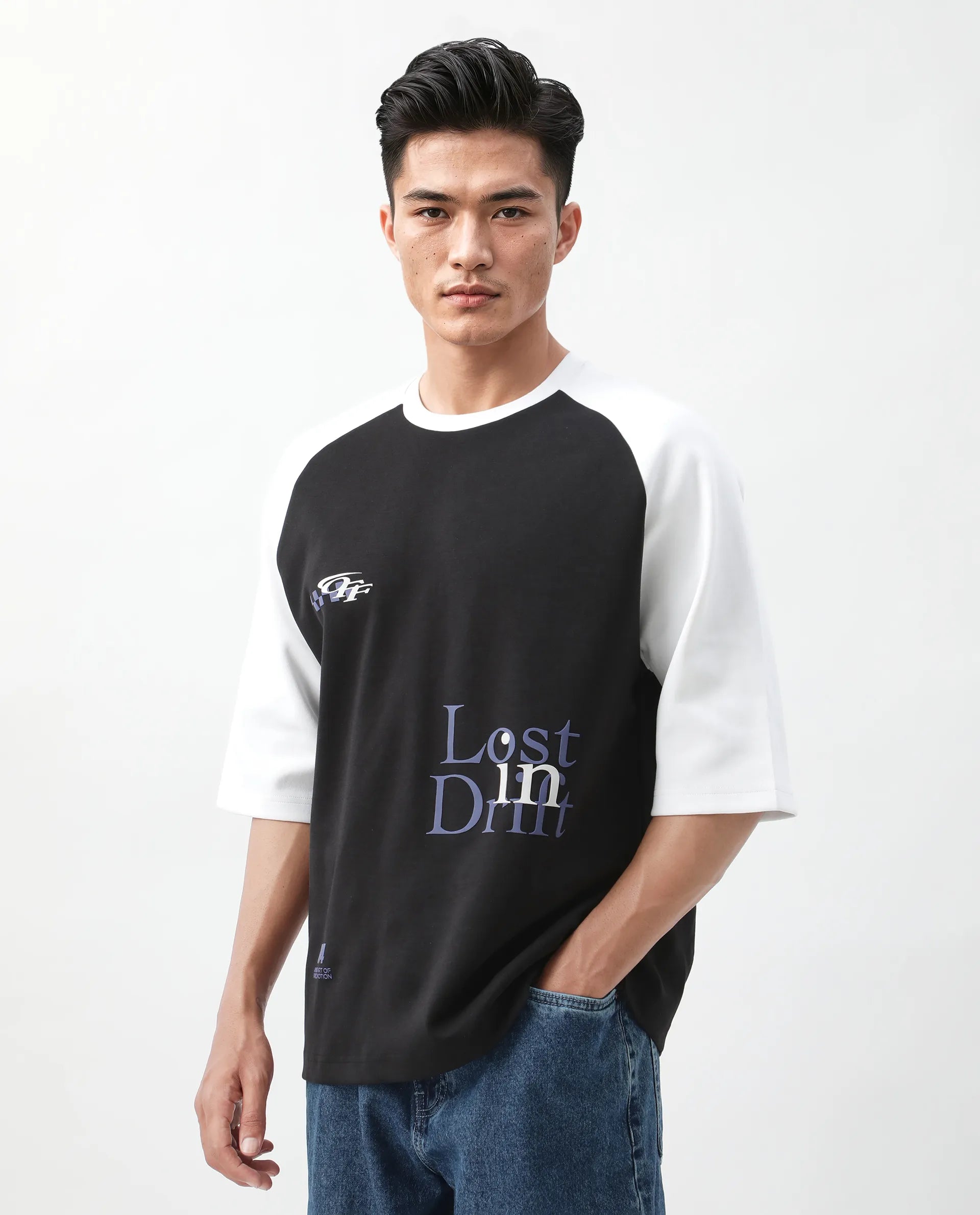 Rare Rabbit Men's Reva Black Cotton Blend Hd Print Oversized Fit Half Sleeve Crew Neck T-Shirt