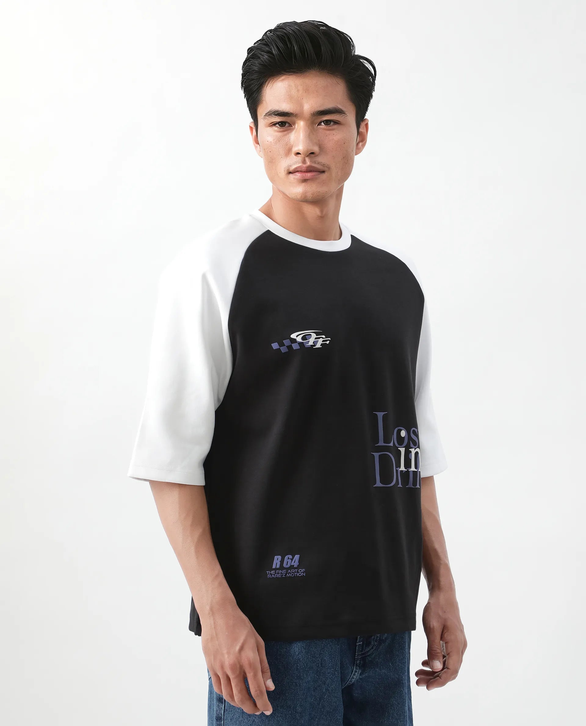 Rare Rabbit Men's Reva Black Cotton Blend Hd Print Oversized Fit Half Sleeve Crew Neck T-Shirt