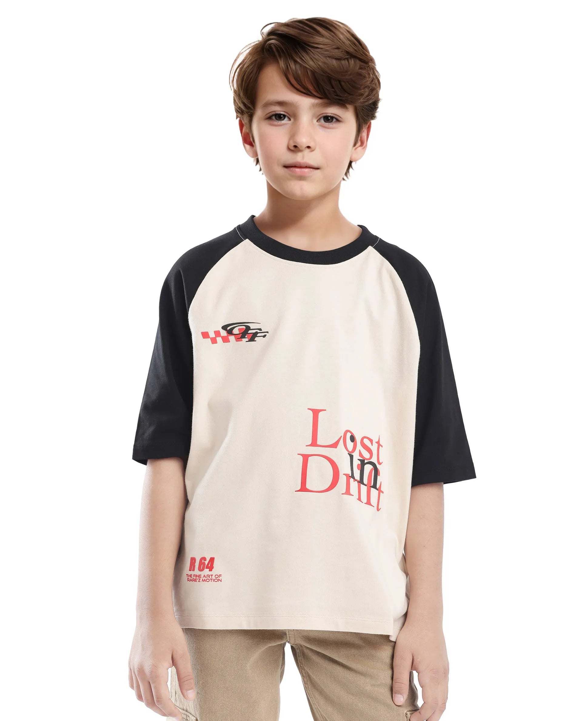 Rare Ones Kids Reva-K Light Beige Printed Slip-On Oversized Fit T-Shirt