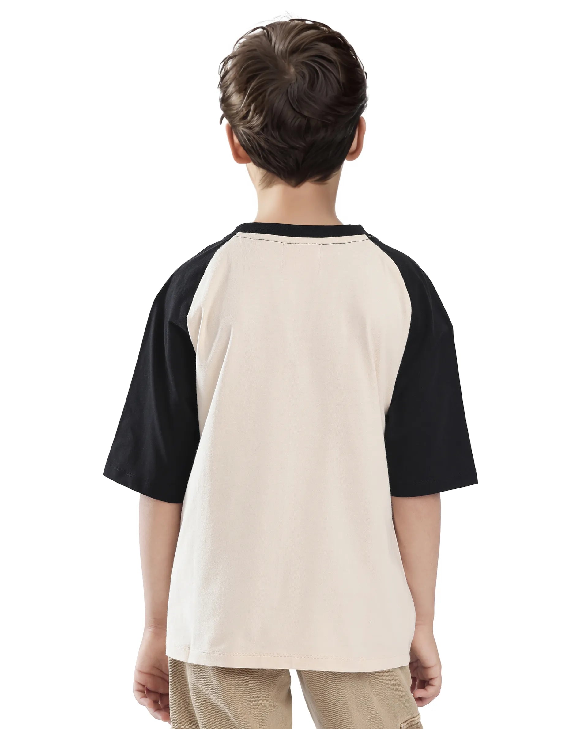 Rare Ones Kids Reva-K Light Beige Printed Slip-On Oversized Fit T-Shirt