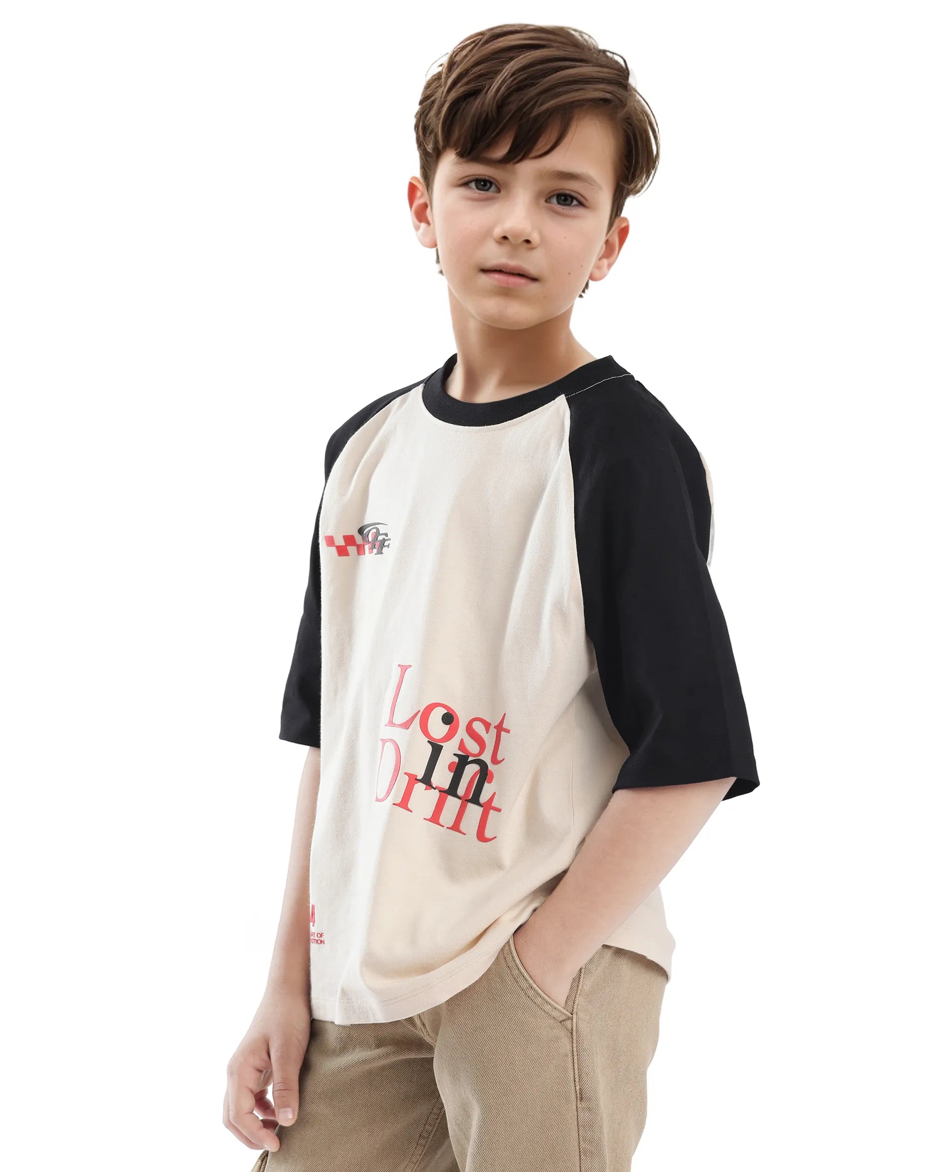 Rare Ones Kids Reva-K Light Beige Printed Slip-On Oversized Fit T-Shirt
