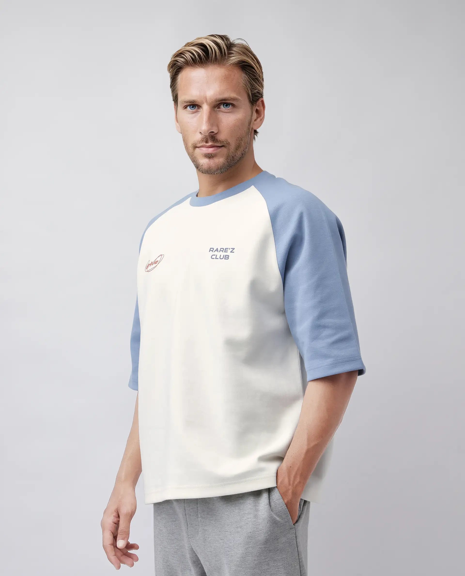 Rare Rabbit Men's Revalo Blue Cotton Blend Graphic Print Oversized Fit Half Sleeve Crew Neck T-Shirt