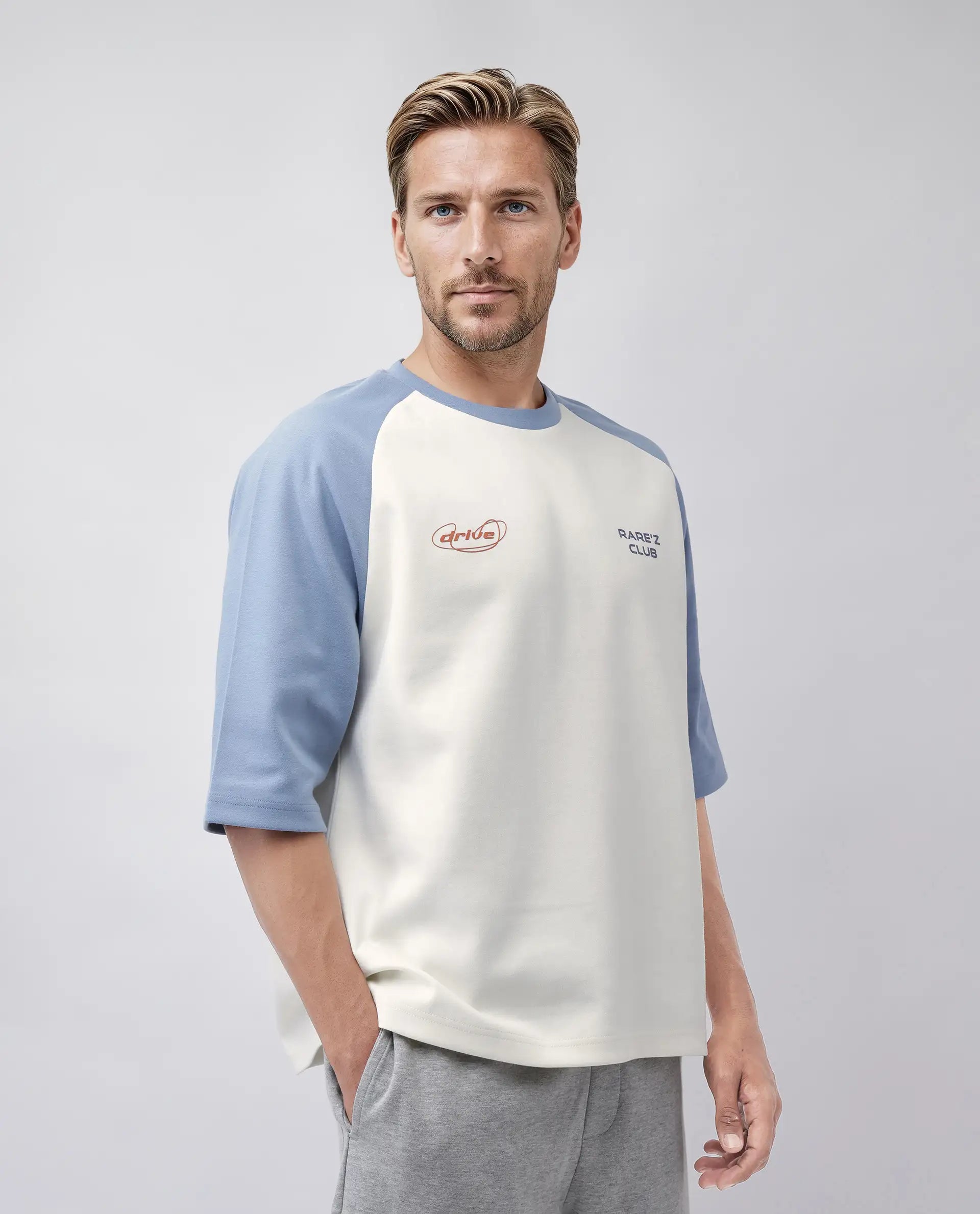 Rare Rabbit Men's Revalo Blue Cotton Blend Graphic Print Oversized Fit Half Sleeve Crew Neck T-Shirt