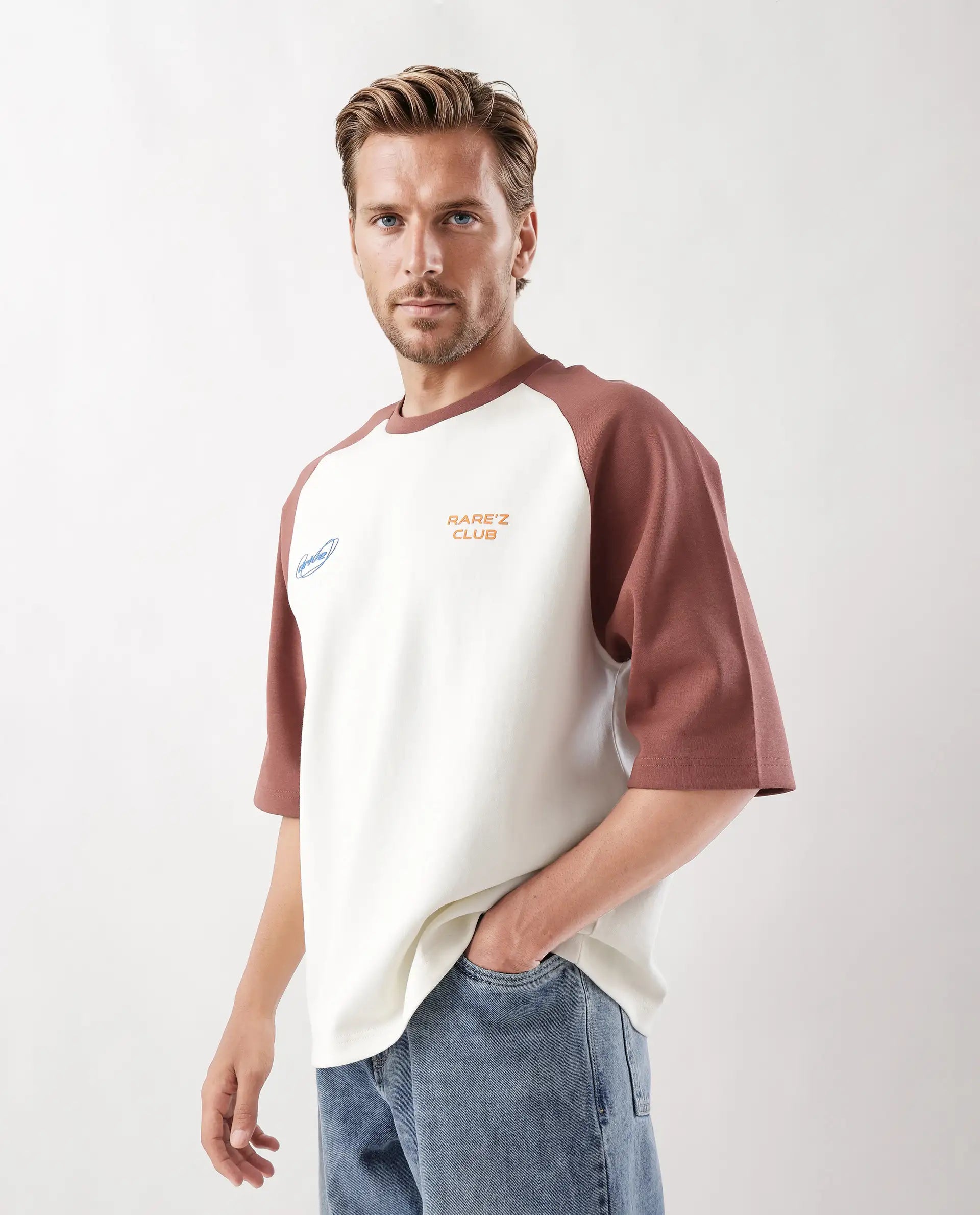 Rare Rabbit Men's Revalo Rust Cotton Blend Graphic Print Oversized Fit Half Sleeve Crew Neck T-Shirt