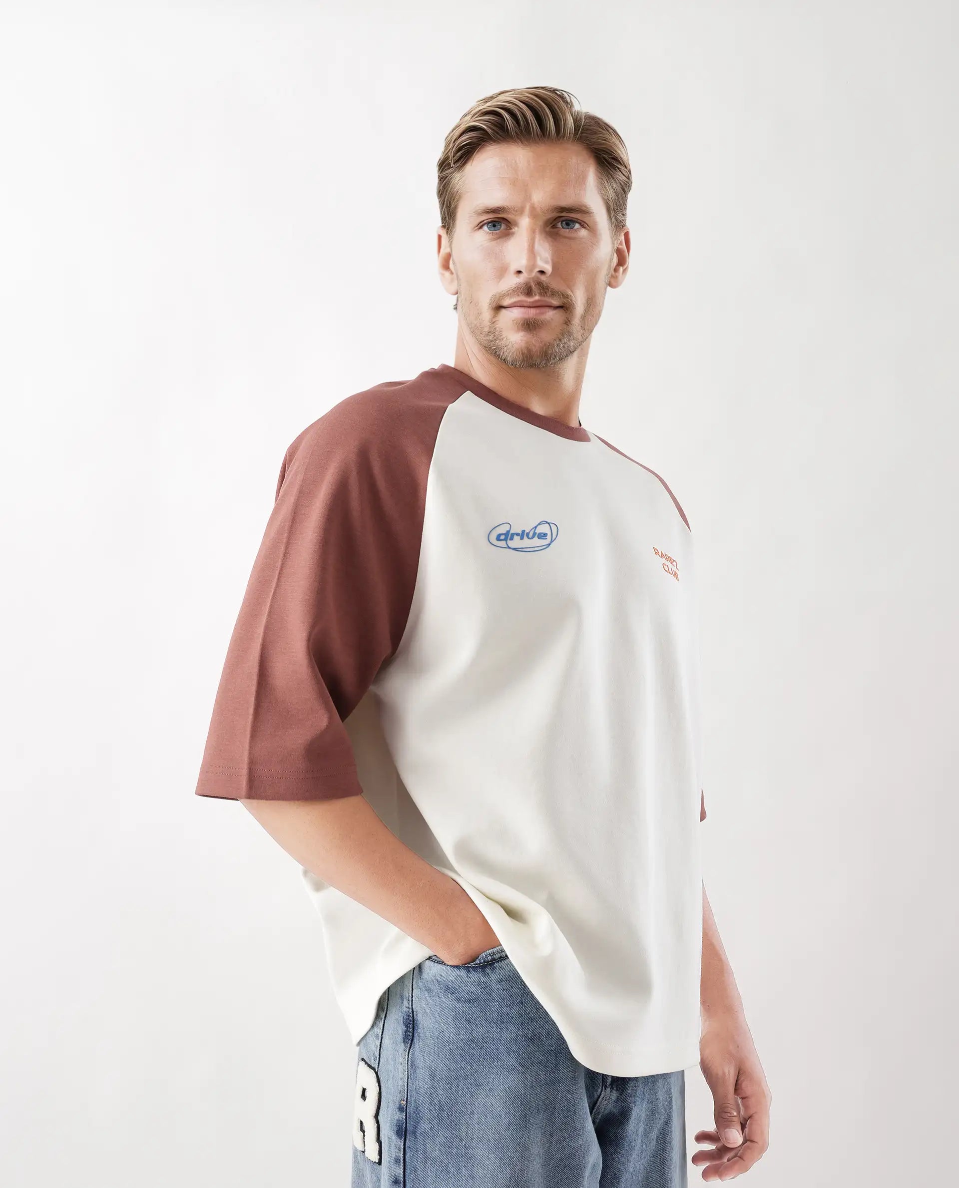 Rare Rabbit Men's Revalo Rust Cotton Blend Graphic Print Oversized Fit Half Sleeve Crew Neck T-Shirt