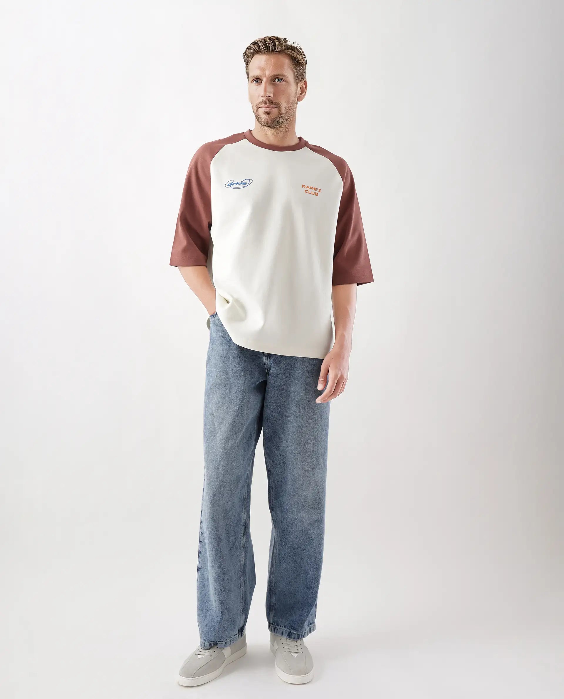 Rare Rabbit Men's Revalo Rust Cotton Blend Graphic Print Oversized Fit Half Sleeve Crew Neck T-Shirt