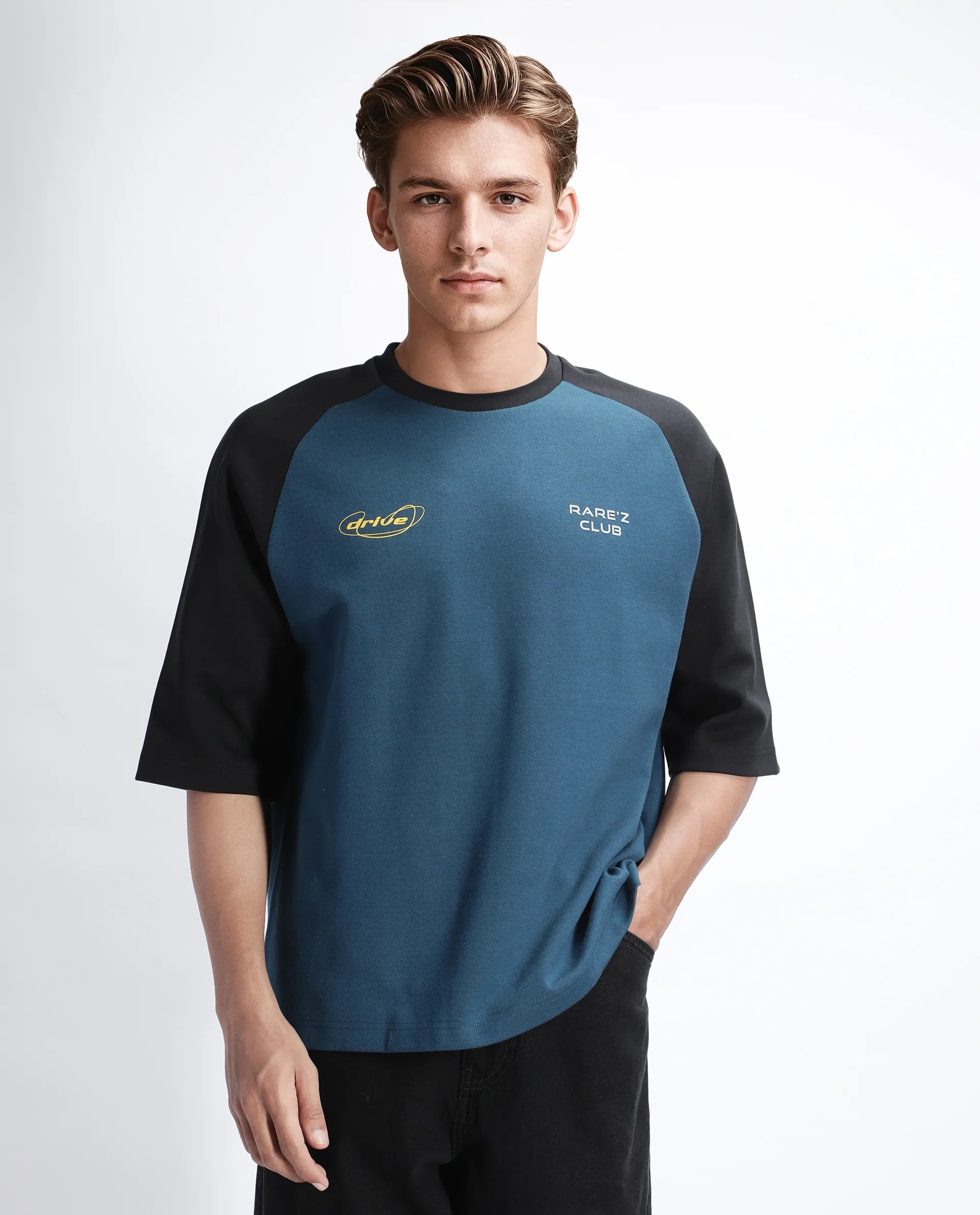 Rare Rabbit Men's Revalo Teal Cotton Blend Graphic Print Oversized Fit Half Sleeve Crew Neck T-Shirt