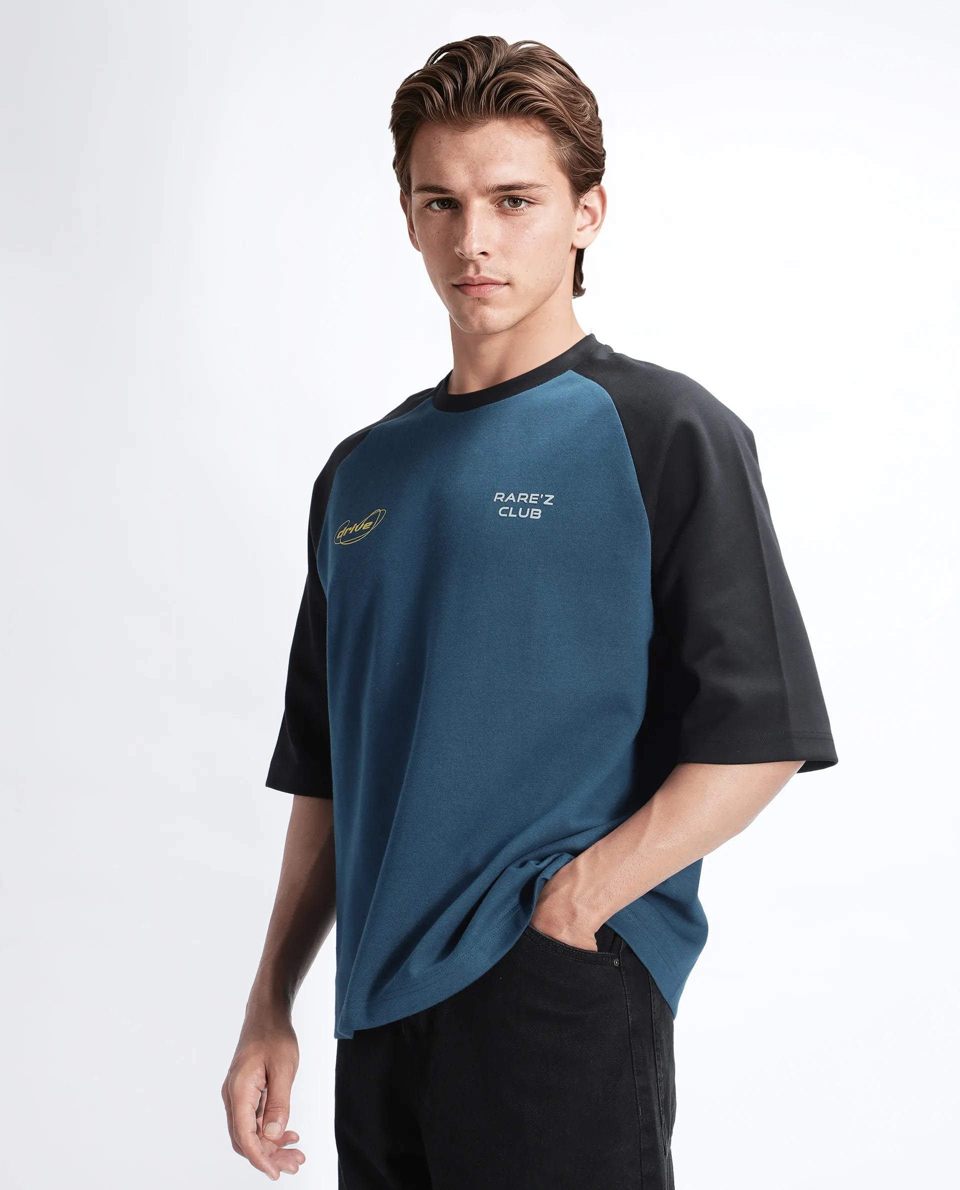 Rare Rabbit Men's Revalo Teal Cotton Blend Graphic Print Oversized Fit Half Sleeve Crew Neck T-Shirt