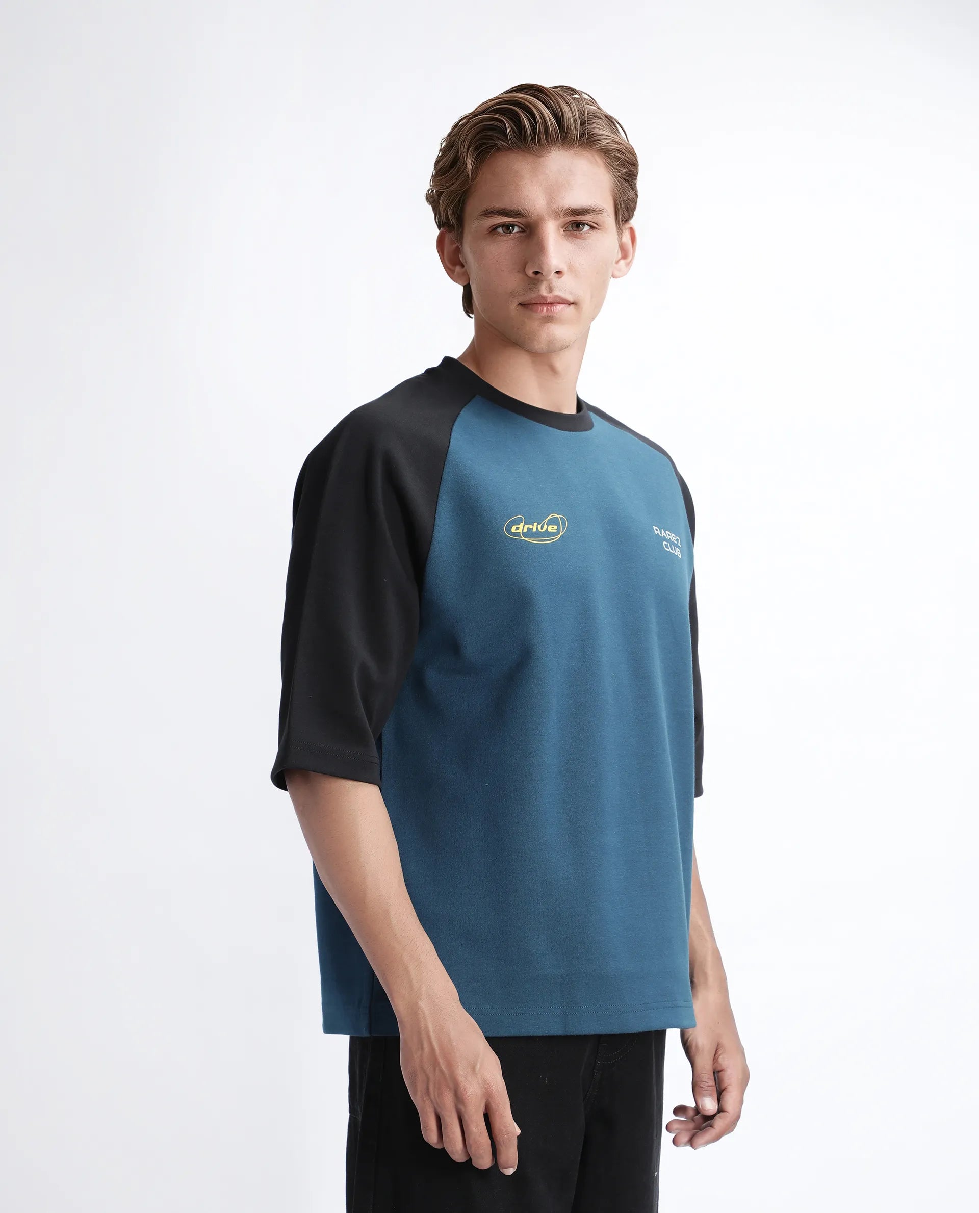 Rare Rabbit Men's Revalo Teal Cotton Blend Graphic Print Oversized Fit Half Sleeve Crew Neck T-Shirt