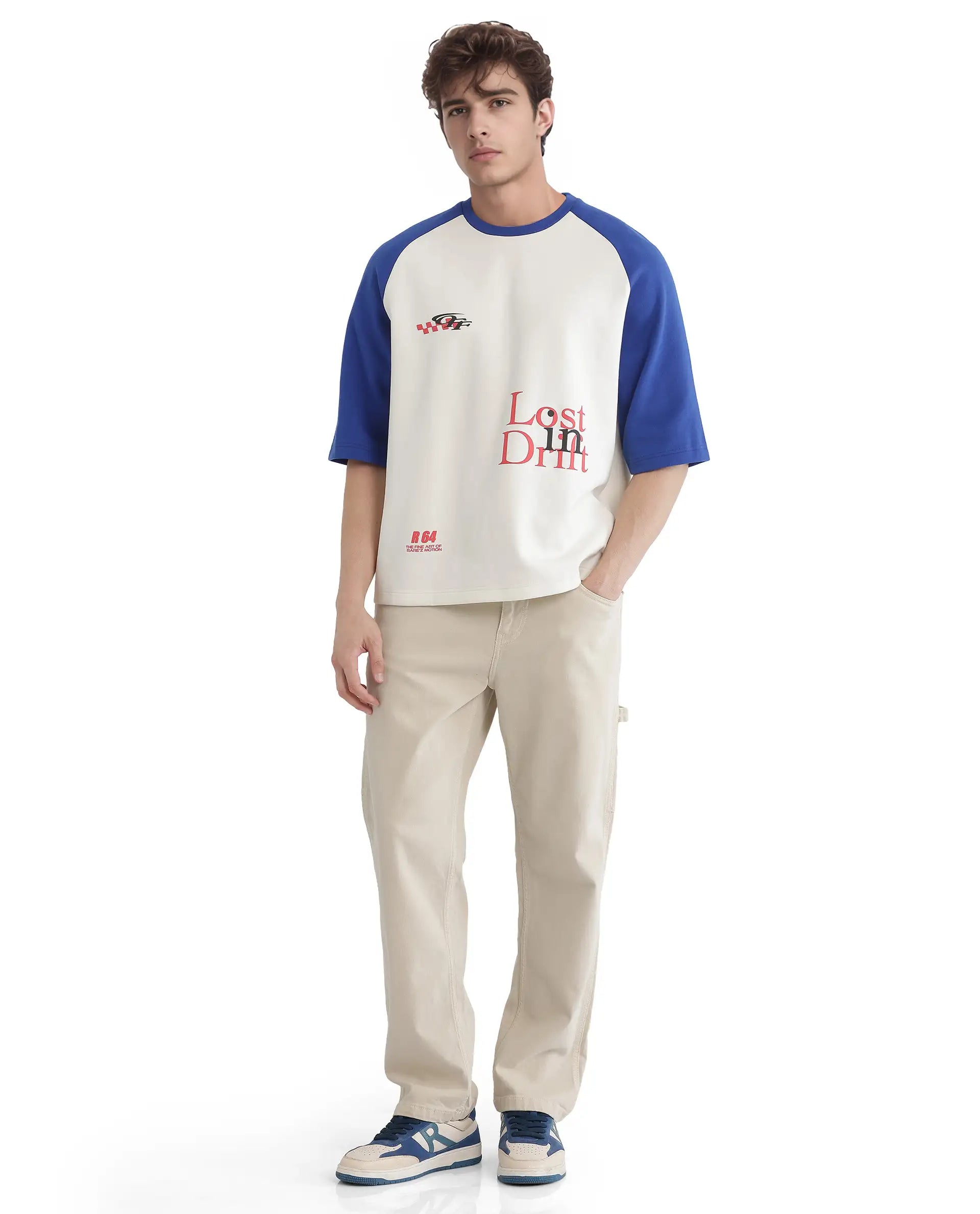 Rare Rabbit Men Reva Off White Cotton Poly Fabric Short Sleeve Crew Neck Oversized Fit HD Typography Print T-Shirt