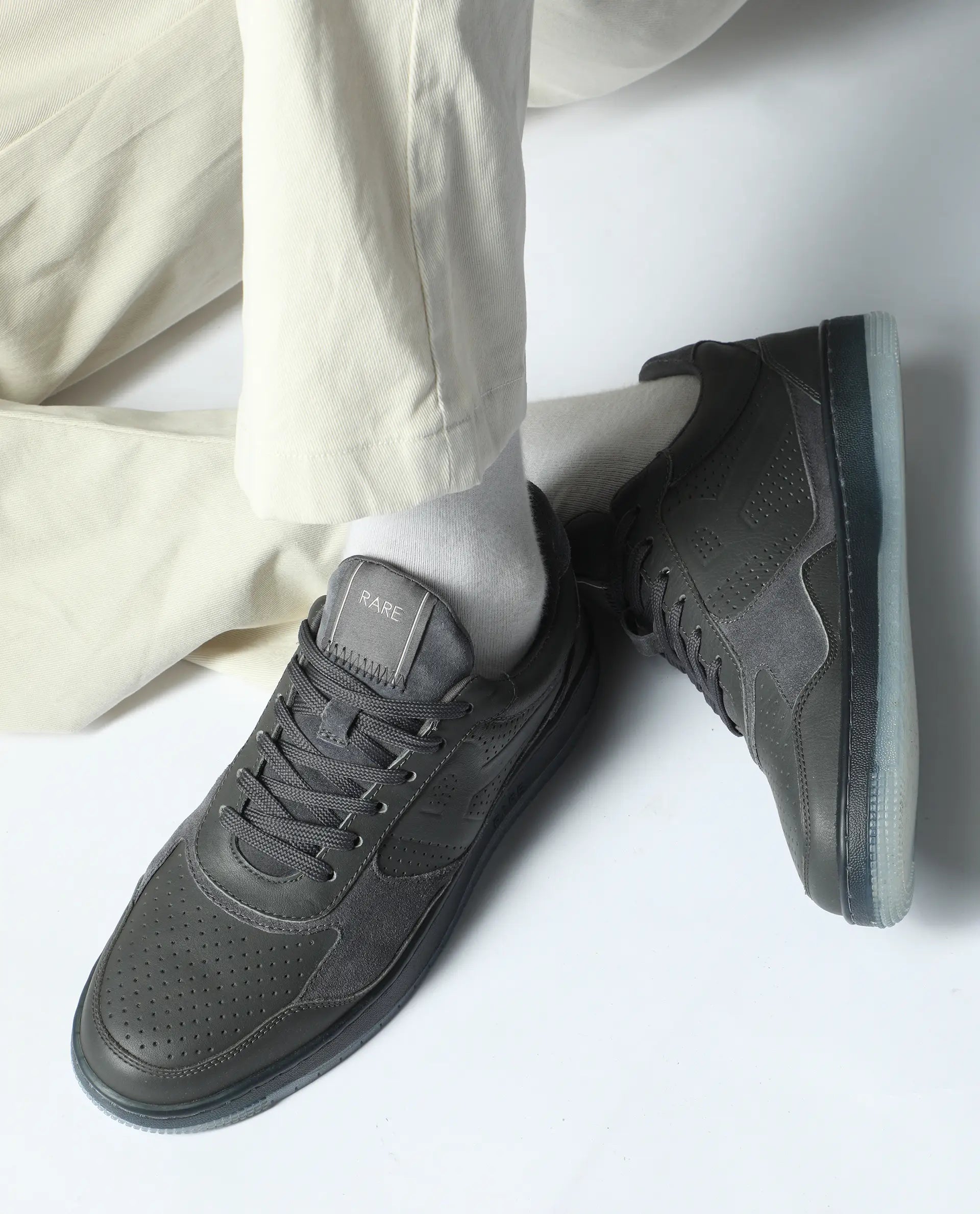 Rare Rabbit Men's Reven Dark Grey Lace-Up Closure Leather Sneaker