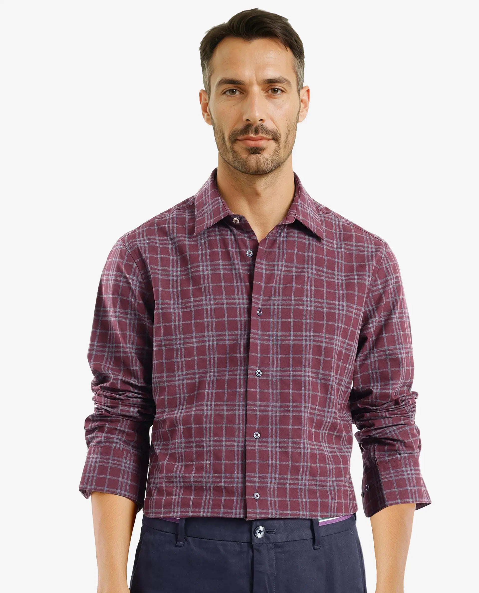 Rare Rabbit Men Revers Maroon Cotton Fabric Regular Collar Full Sleeve Regular Fit Check Shirt