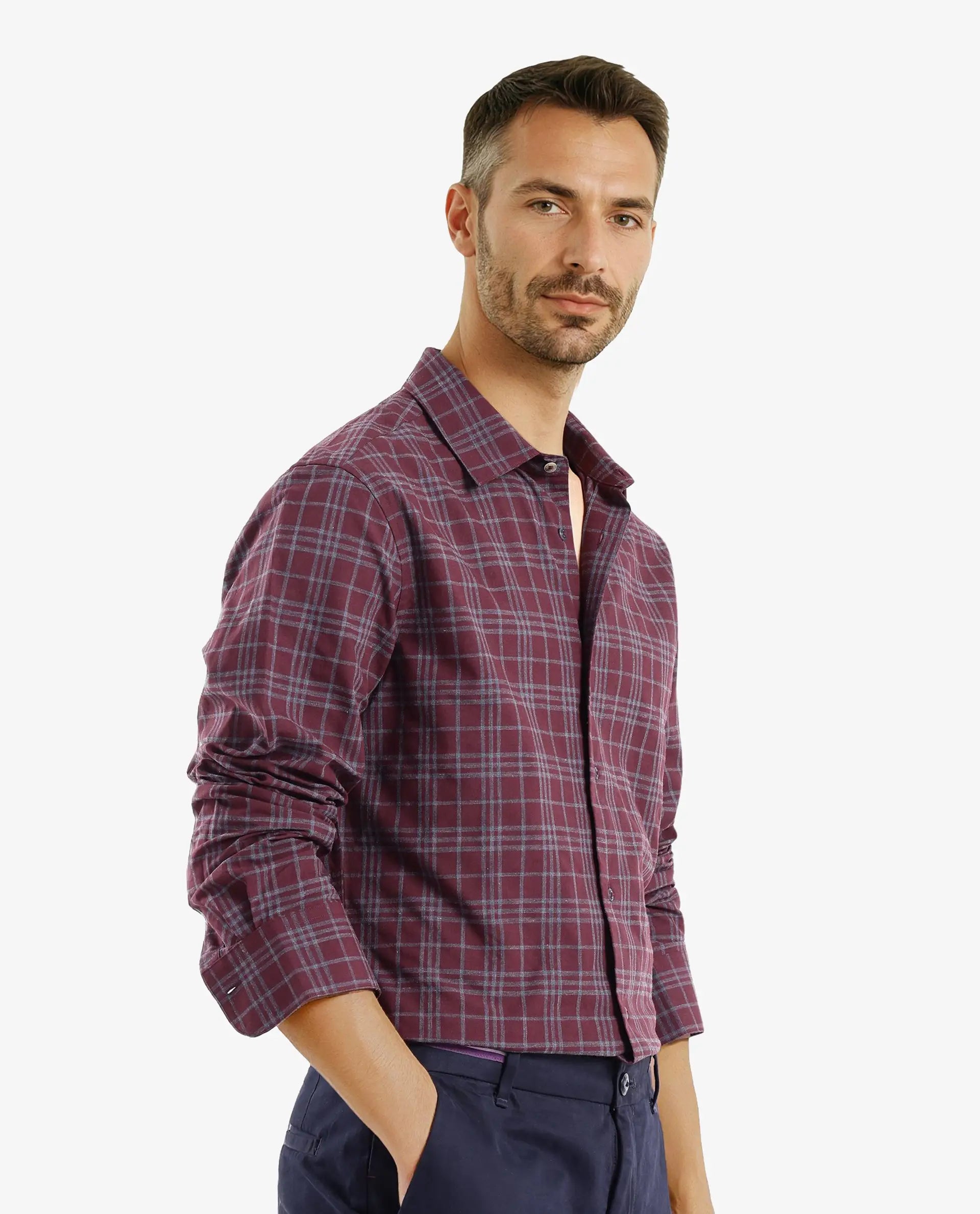 Rare Rabbit Men Revers Maroon Cotton Fabric Regular Collar Full Sleeve Regular Fit Check Shirt