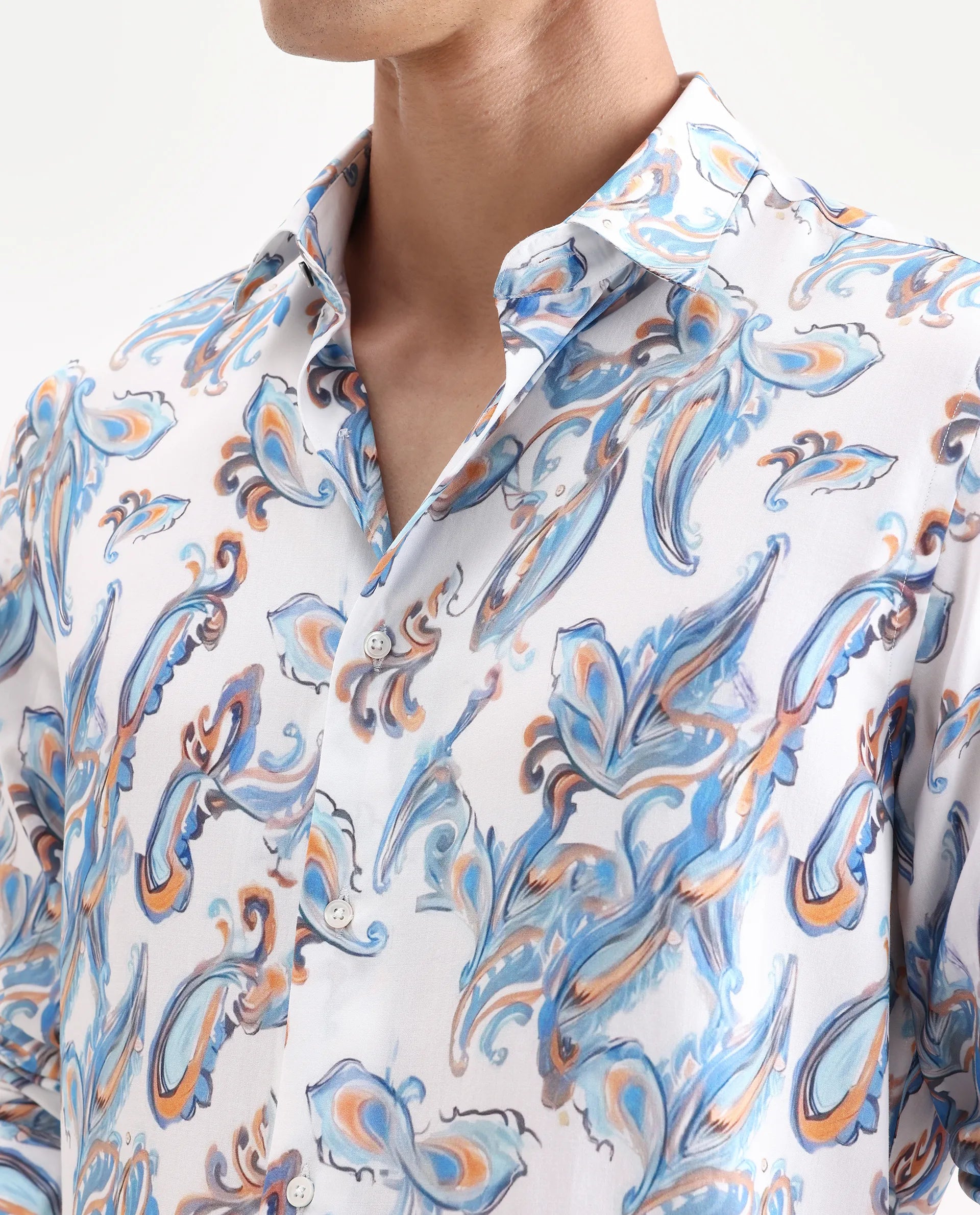 Rare Rabbit Men's Revo White Viscose Blend Fabric Collared Neck Regular Fit Paisley Shirt