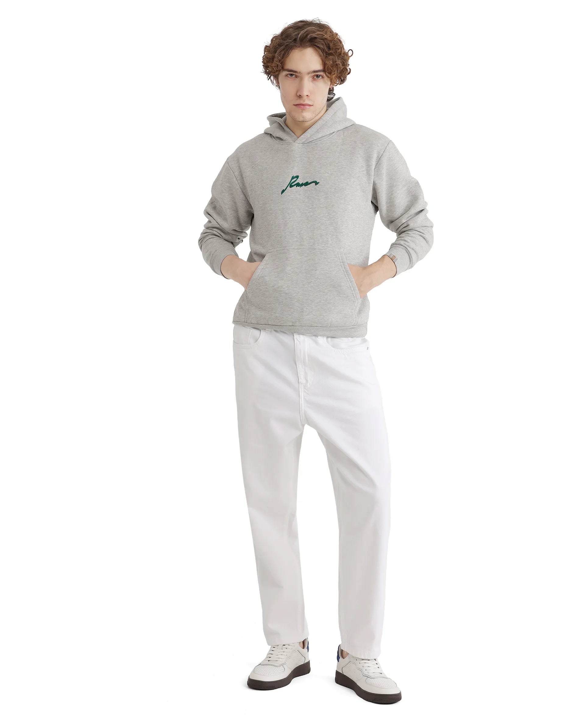 Rare Rabbit Men Rew-2 Melange Grey Full Sleeve Cotton Polyester Fabric Full Sleeve Crew Neck Regular Fit Graphic Flock Print Sweatshirt