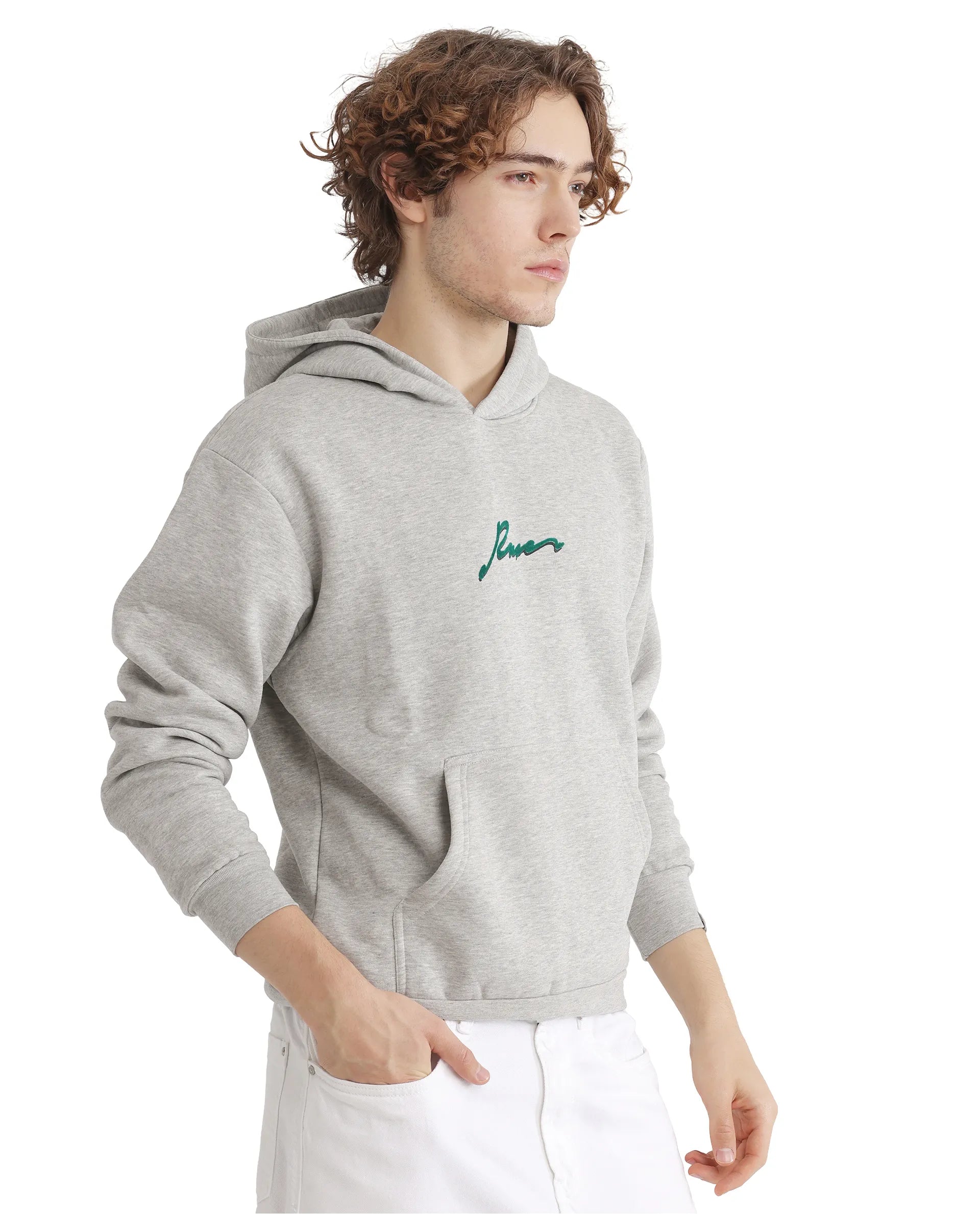 Rare Rabbit Men Rew-2 Melange Grey Full Sleeve Cotton Polyester Fabric Full Sleeve Crew Neck Regular Fit Graphic Flock Print Sweatshirt