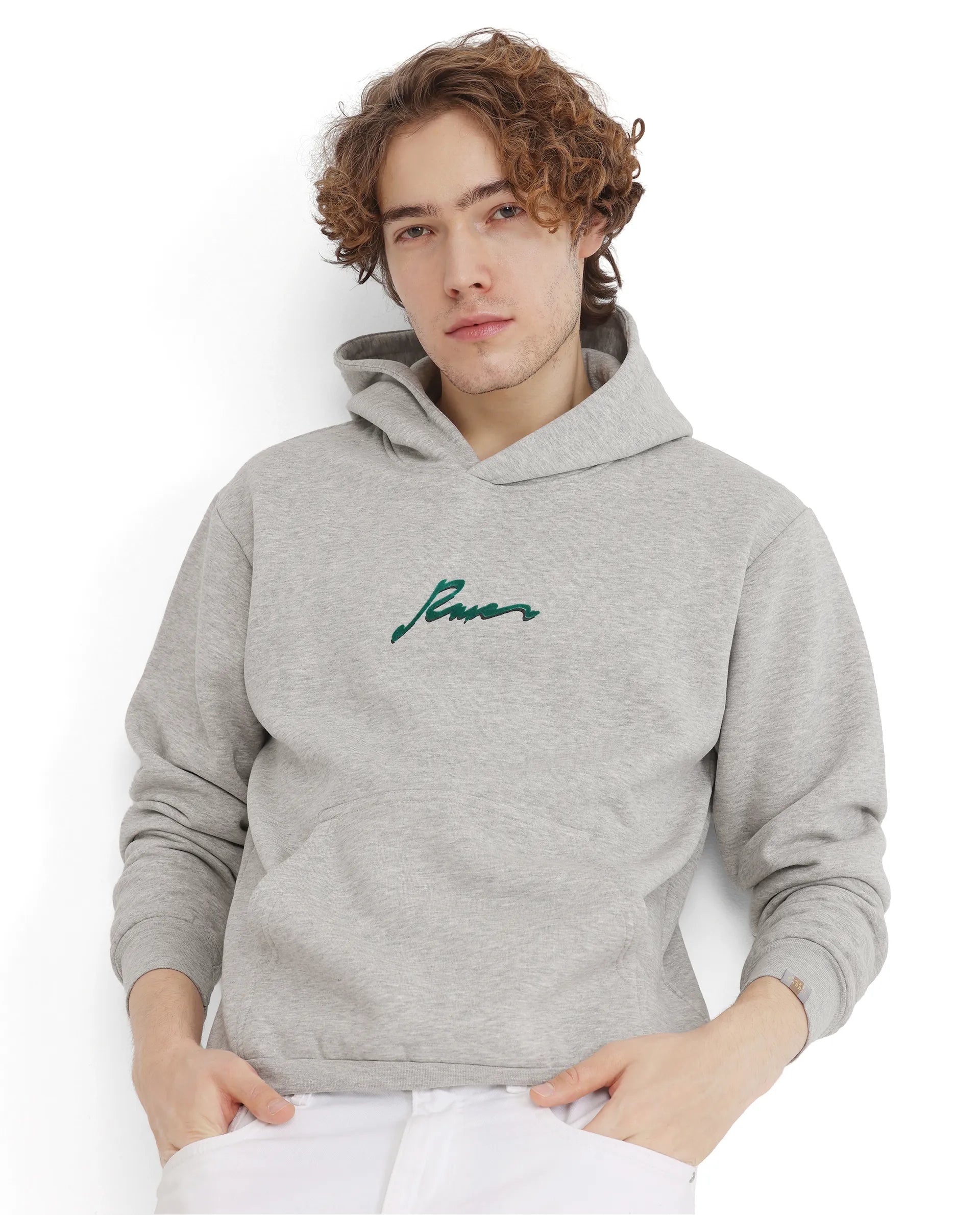 Rare Rabbit Men Rew-2 Melange Grey Full Sleeve Cotton Polyester Fabric Full Sleeve Crew Neck Regular Fit Graphic Flock Print Sweatshirt