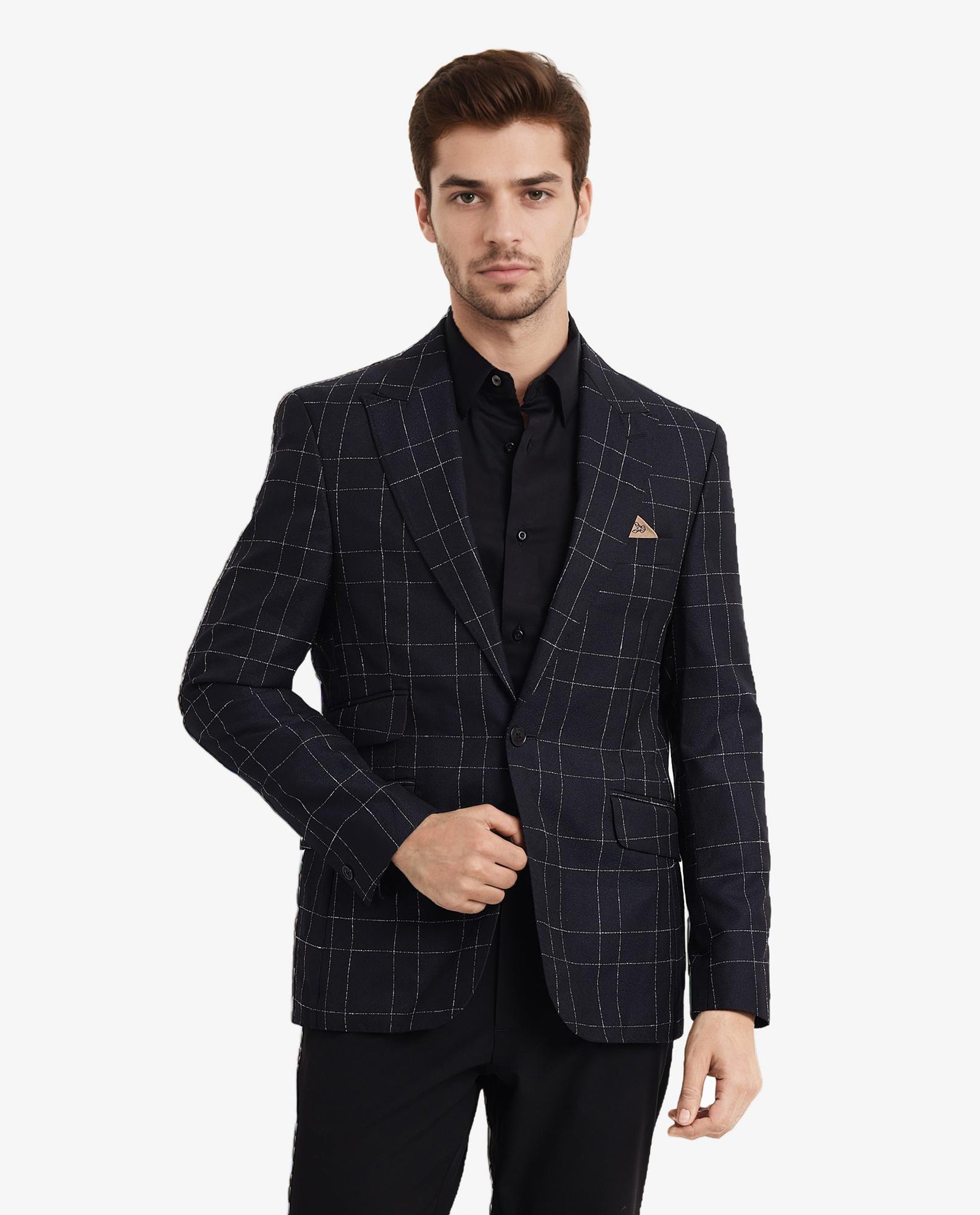 Rare Rabbit Men's Rewind Dark Navy Checked Print Tailored Fit Full Sle