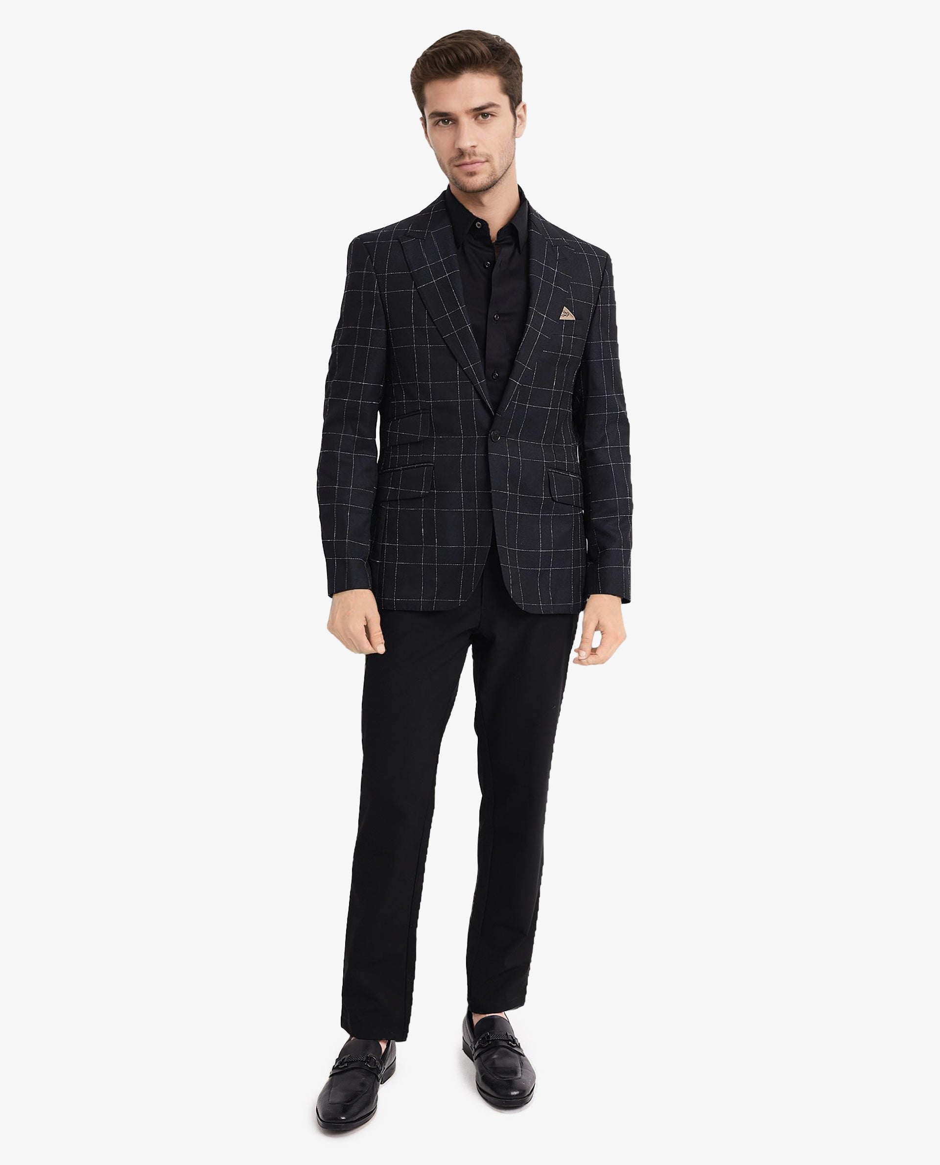 Rare Rabbit Men's Rewind Navy Full Sleeves Tailored Fit Windowpane Check Blazer