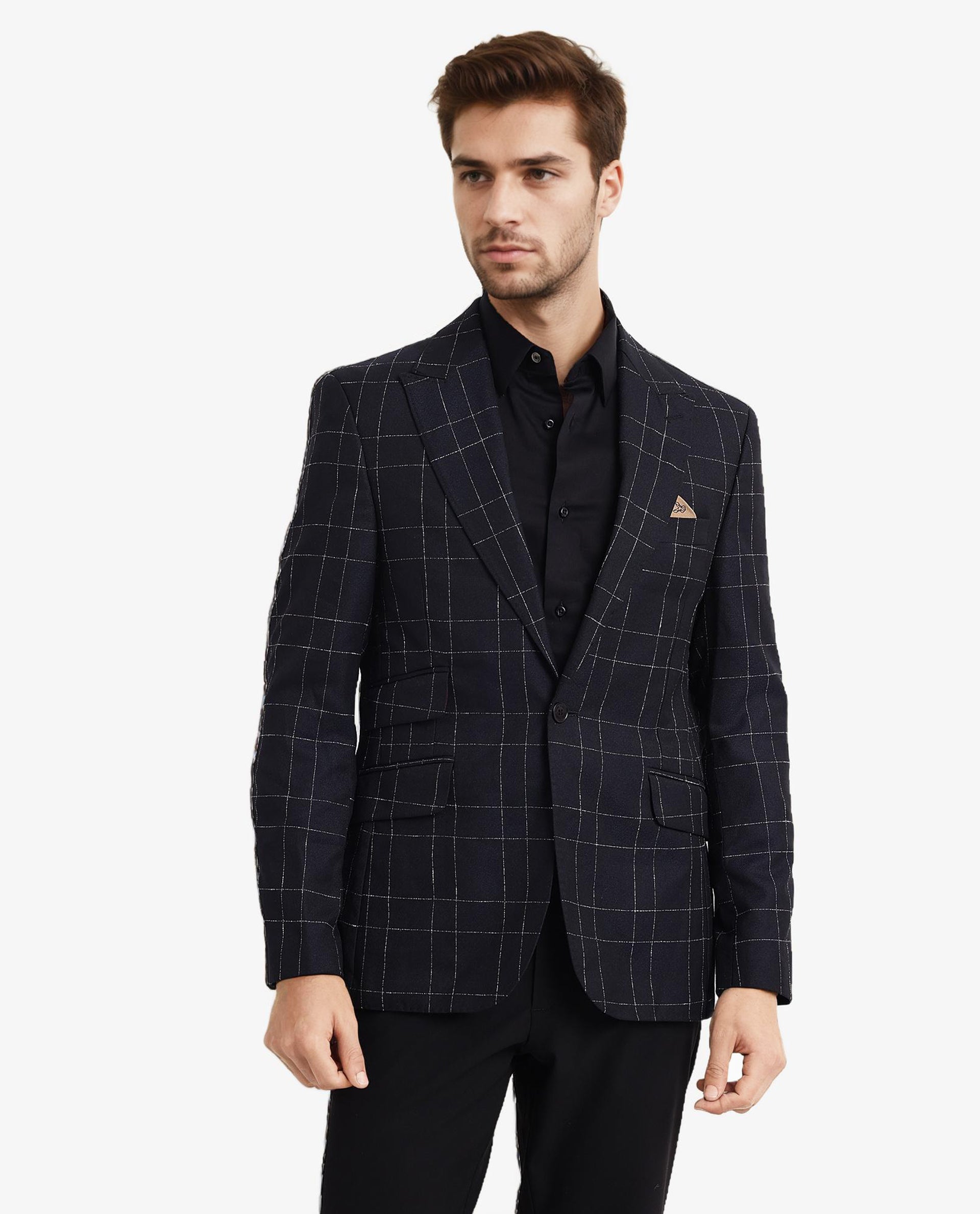 Rare Rabbit Men's Rewind Navy Full Sleeves Tailored Fit Windowpane Check Blazer