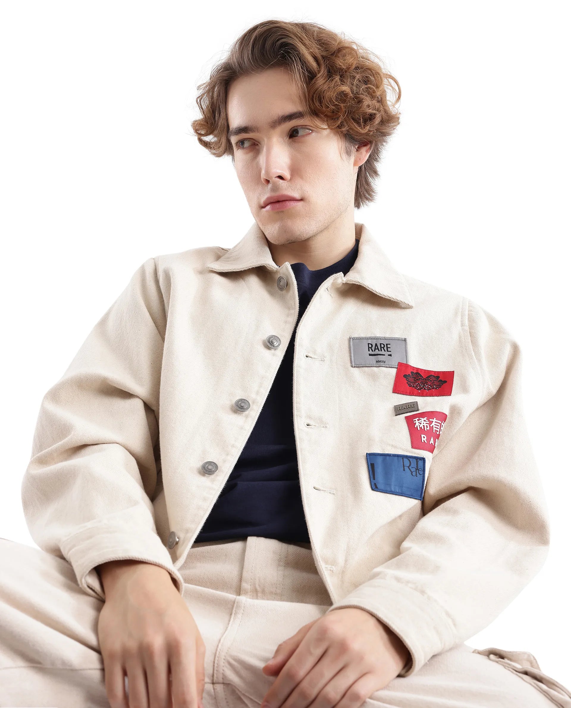 Rare Rabbit Men Rewq Off White Cotton Fabric Collared Neck Jacket