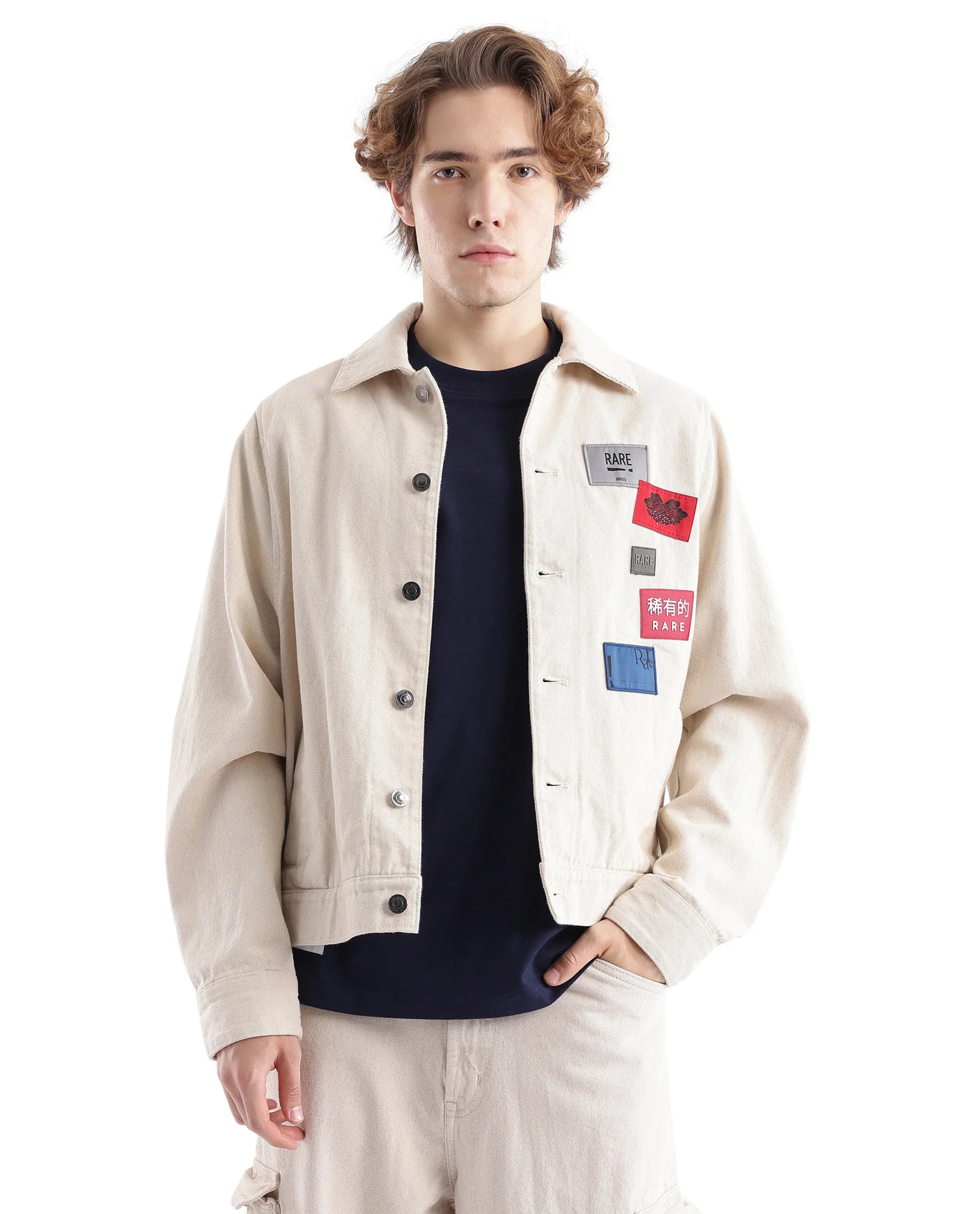 Rare Rabbit Men Rewq Off White Cotton Fabric Collared Neck Jacket