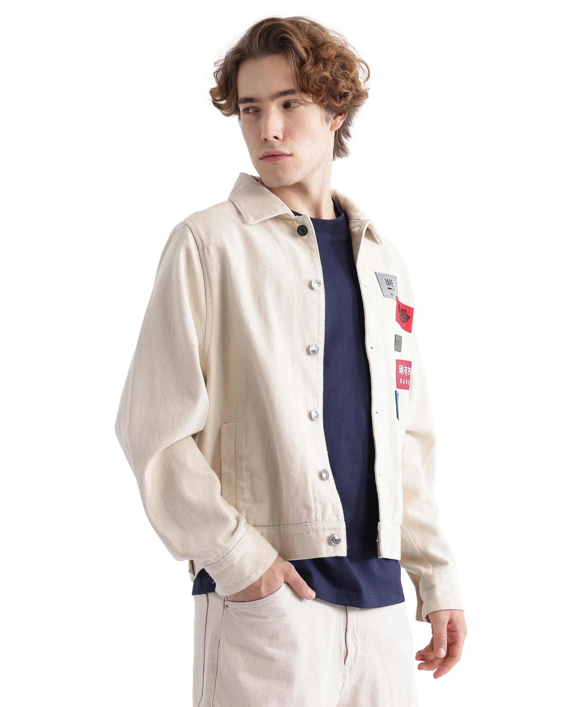 Rare Rabbit Men Rewq Off White Cotton Fabric Collared Neck Jacket