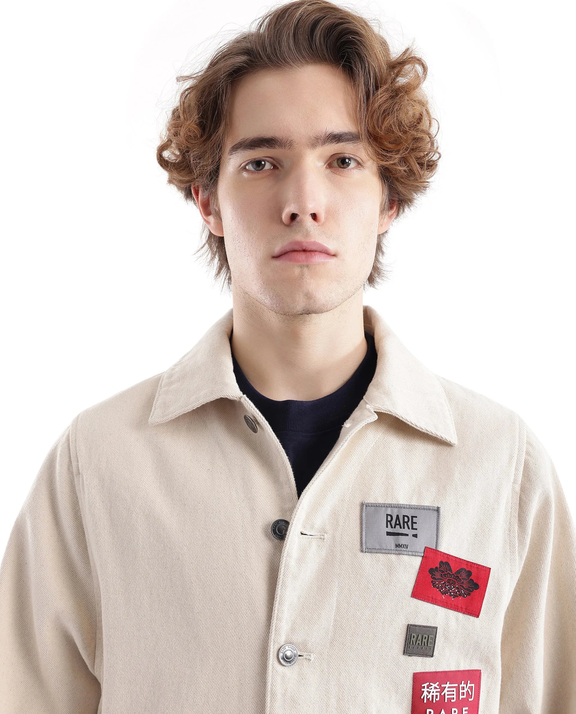 Rare Rabbit Men Rewq Off White Cotton Fabric Collared Neck Jacket