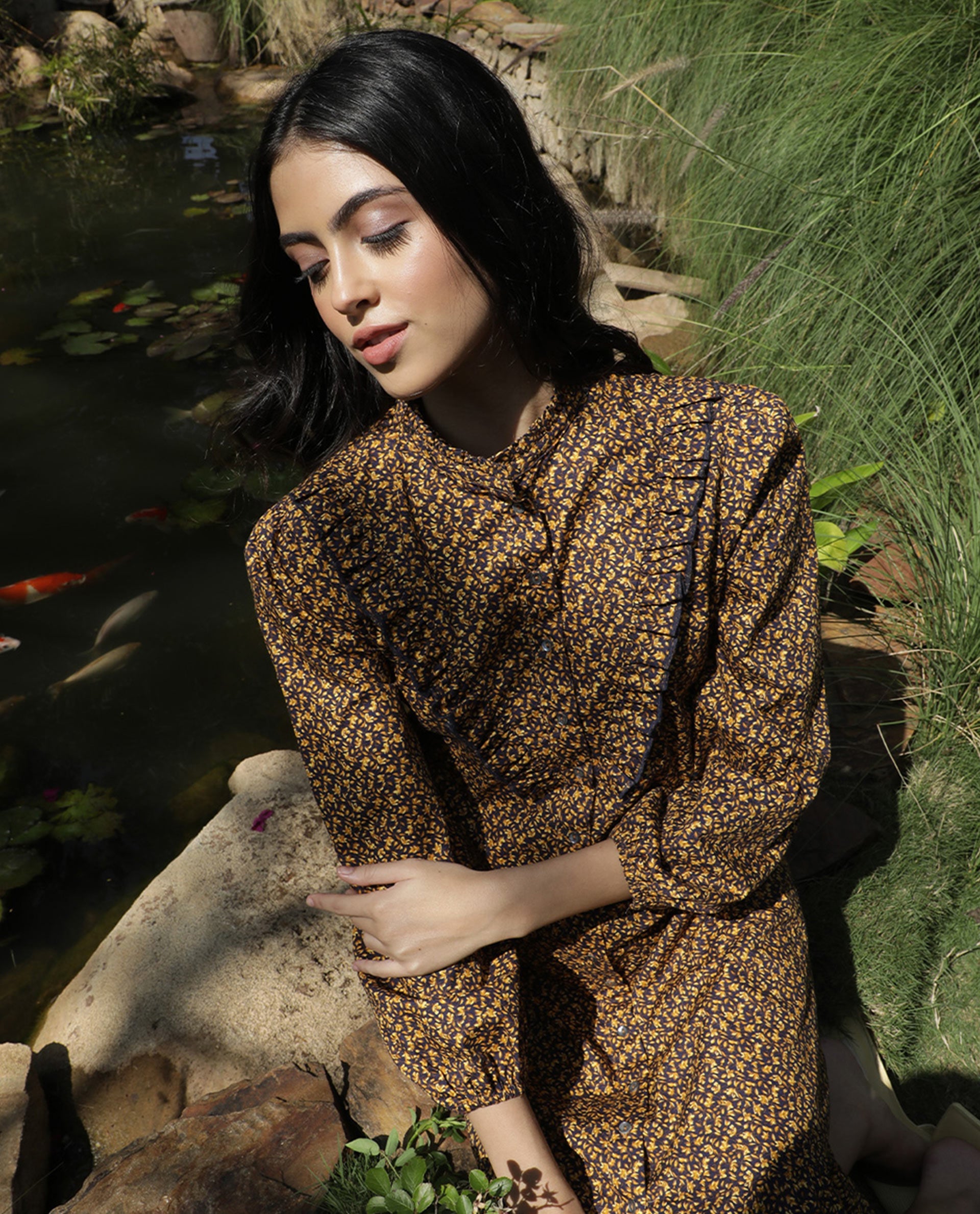 Rareism Women Rex Yellow Printed Mandarin Collar Full Sleeves With Ruffles At The Neck Mini Dress