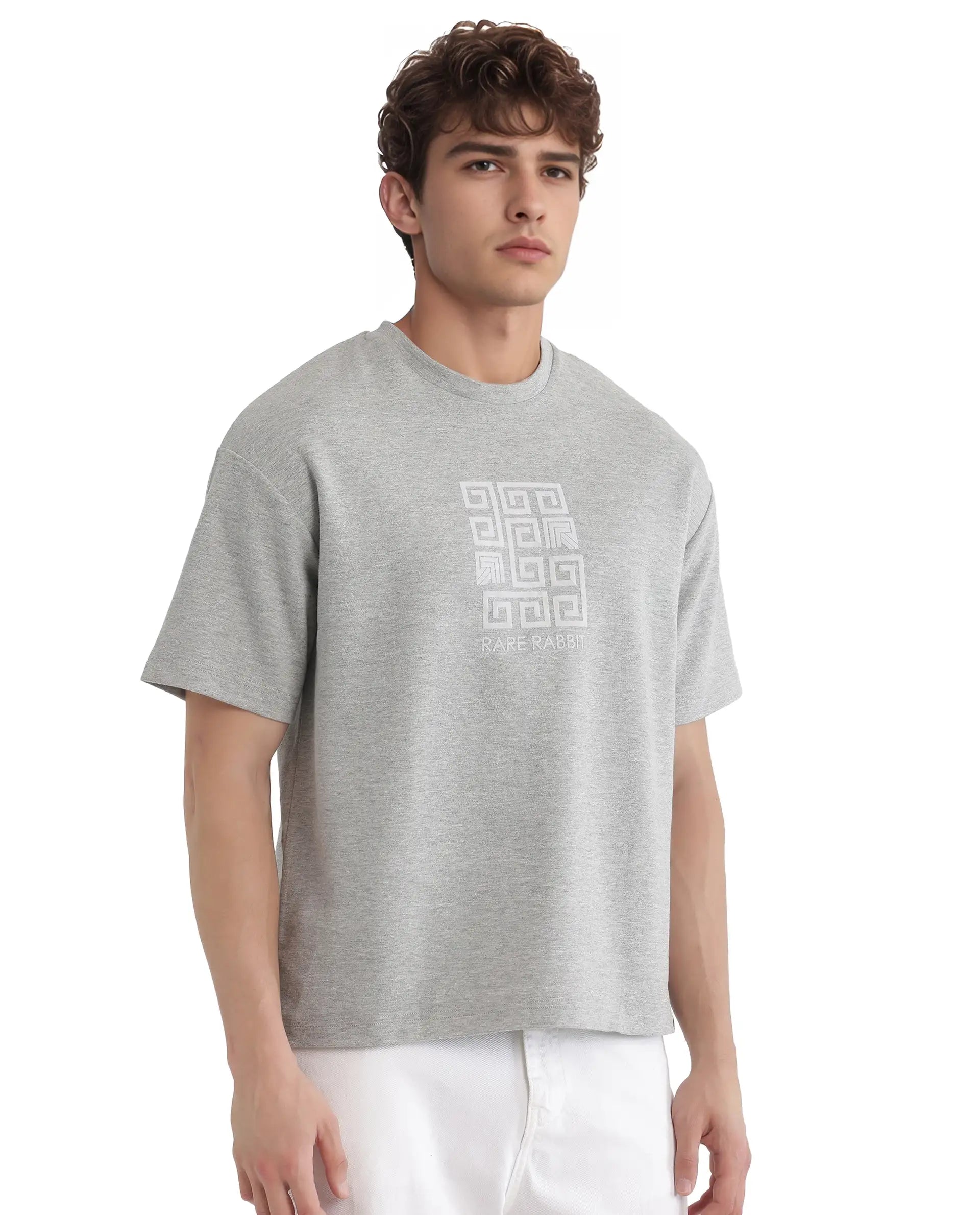 Rare Rabbit Men Rexo Melange Grey Cotton Poly Fabric Short Sleeve Crew Neck Graphic HD Print T-Shirt
