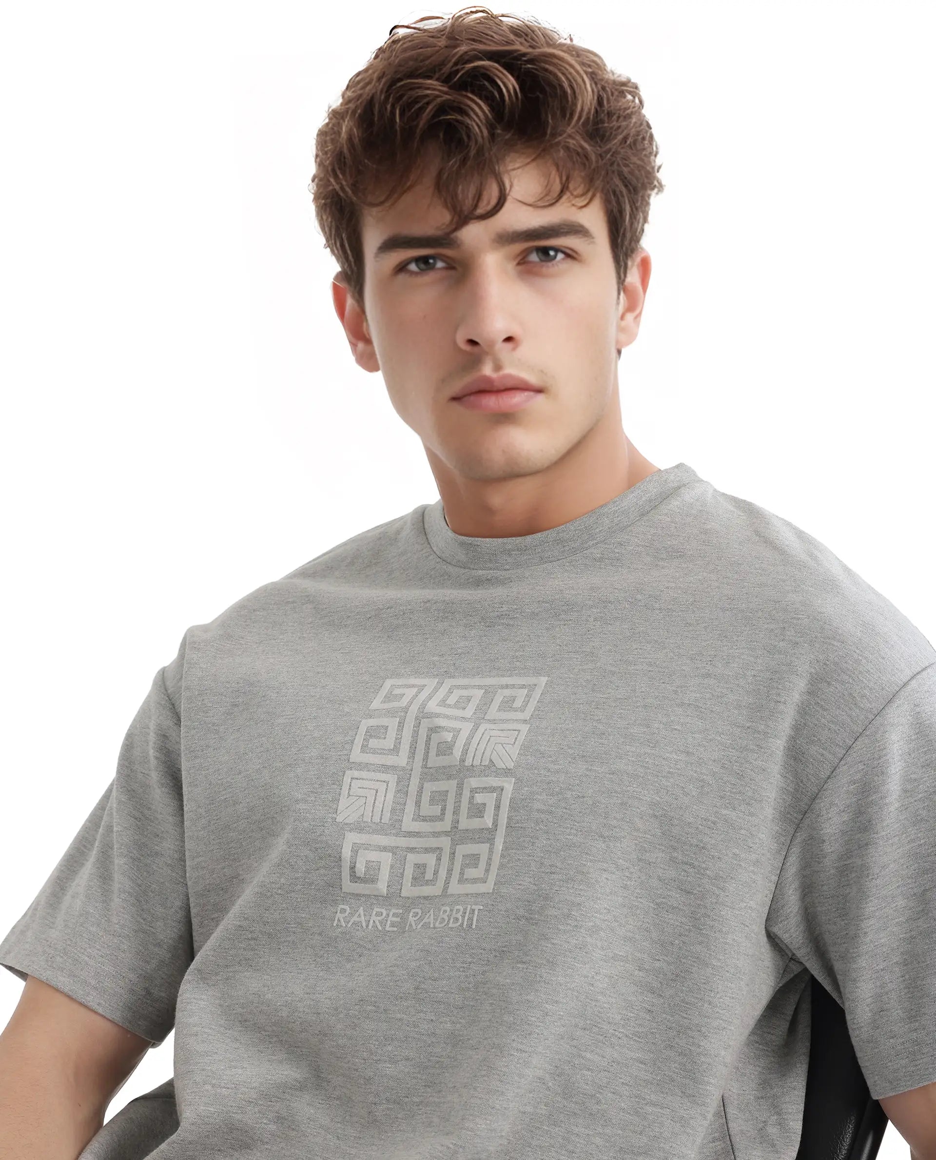 Rare Rabbit Men Rexo Melange Grey Cotton Poly Fabric Short Sleeve Crew Neck Graphic HD Print T-Shirt