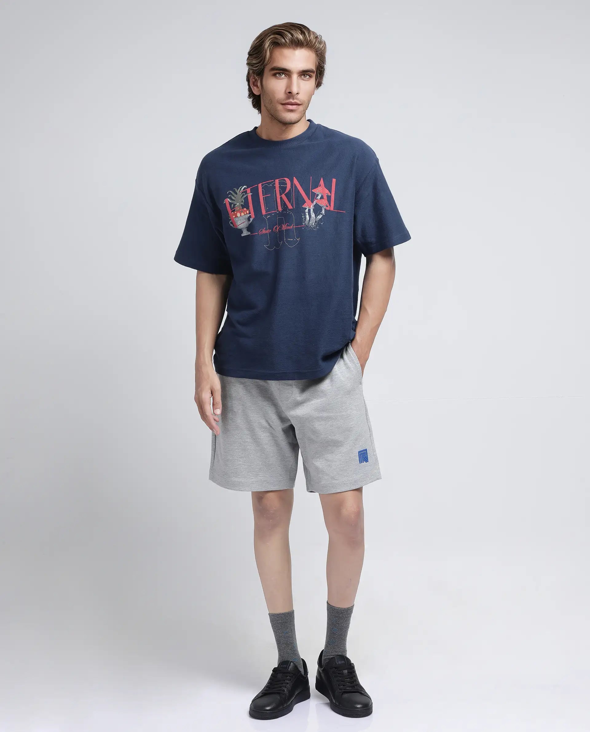 Rare Rabbit Men Rexon Grey Cotton Elastane Fabric Relaxed fit Plain Shorts