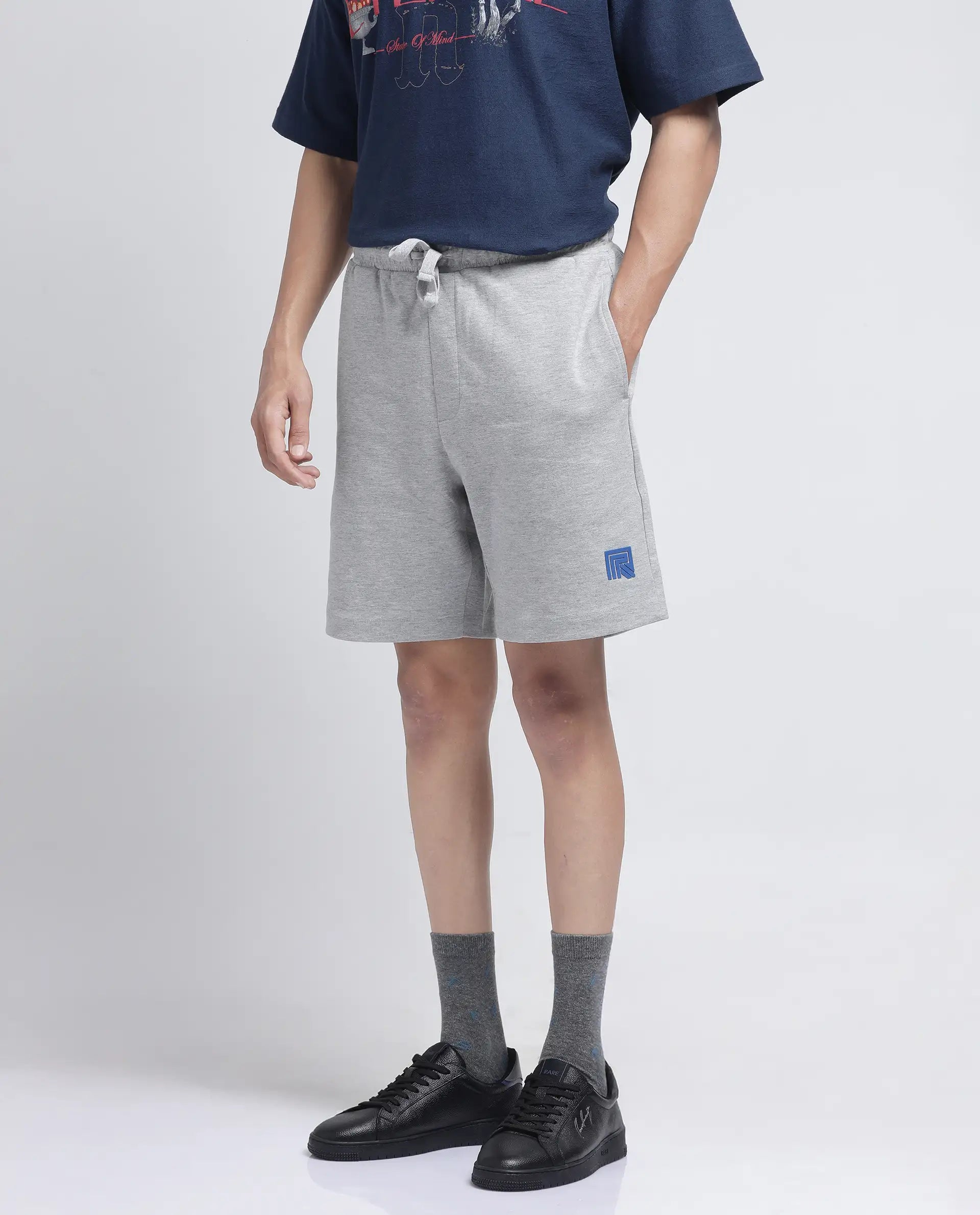 Rare Rabbit Men Rexon Grey Cotton Elastane Fabric Relaxed fit Plain Shorts