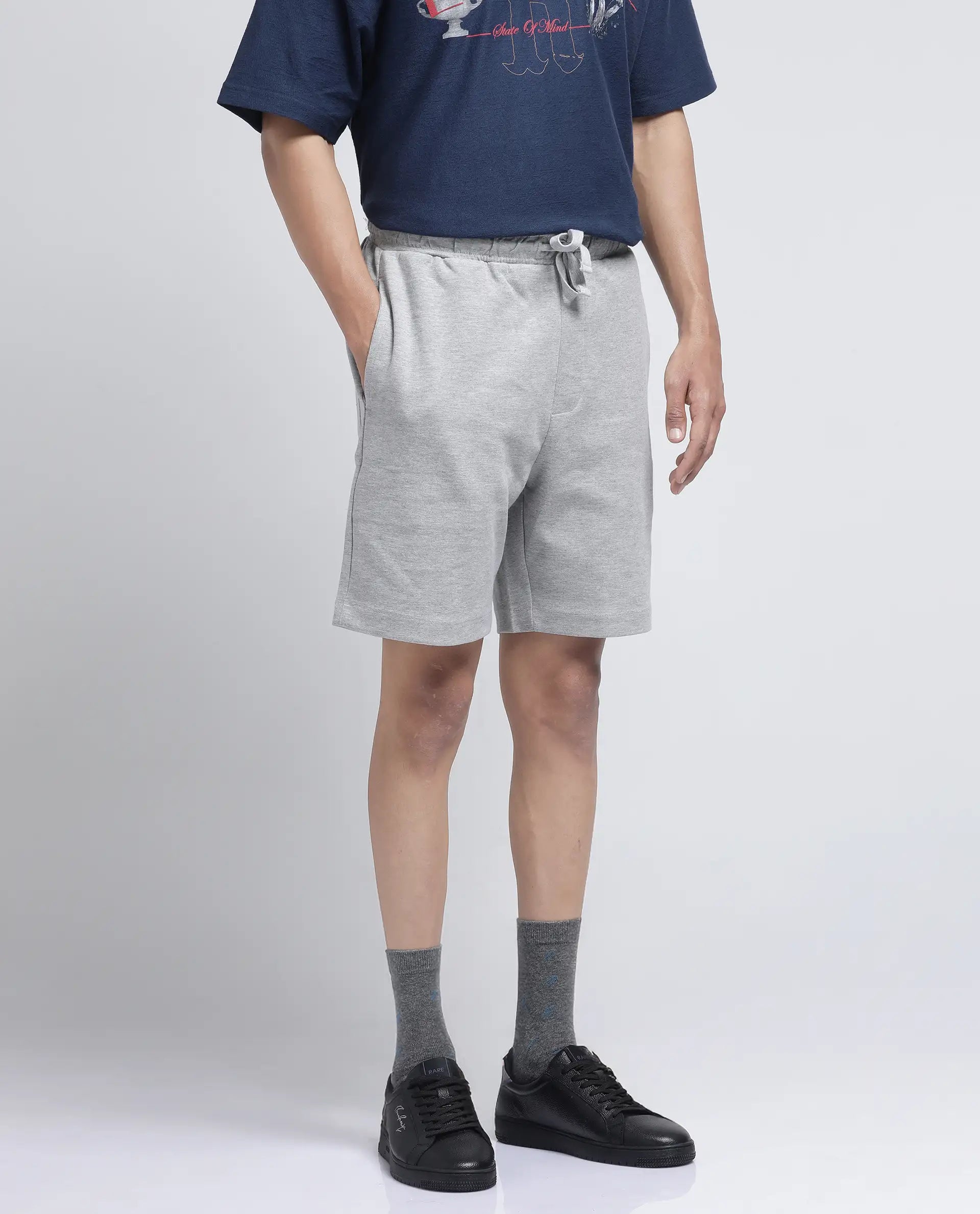 Rare Rabbit Men Rexon Grey Cotton Elastane Fabric Relaxed fit Plain Shorts