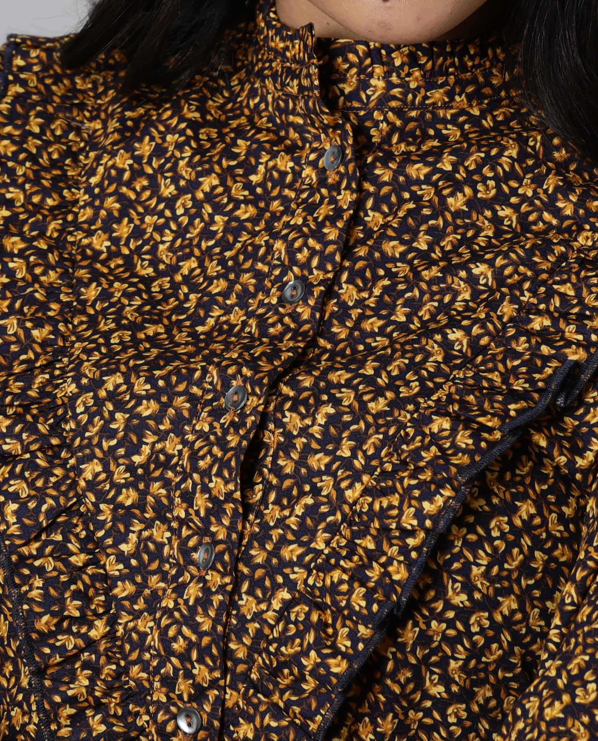 Rareism Women Rex Yellow Printed Mandarin Collar Full Sleeves With Ruffles At The Neck Mini Dress
