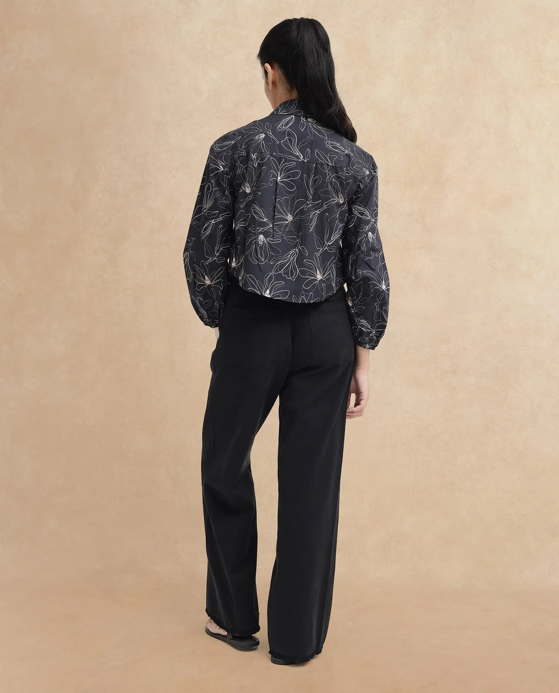 Rareism Women's Reynosa Black Cotton Johnny Collar Floral Print Bishop Sleeve Crop Regular Fit Top