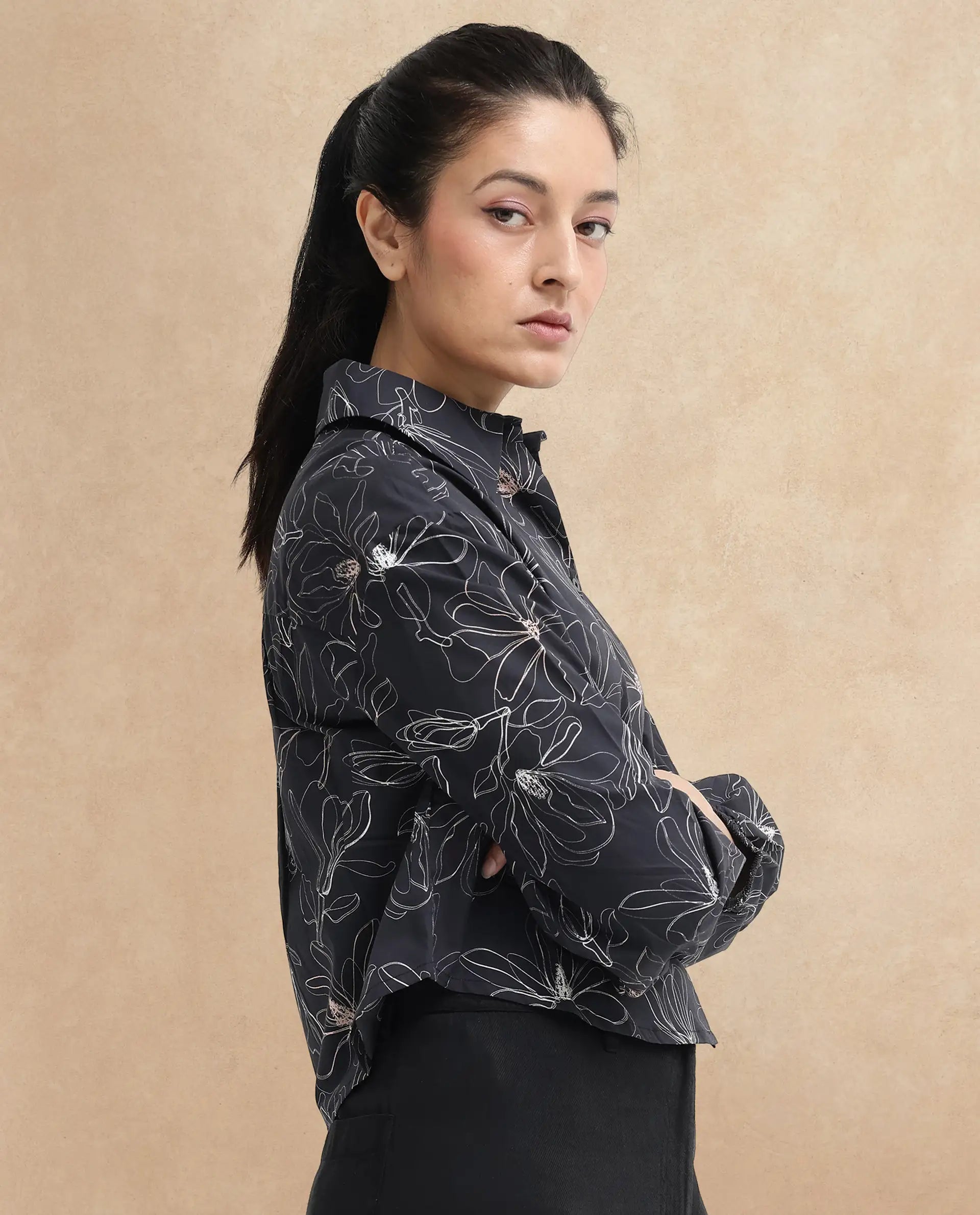 Rareism Women's Reynosa Black Cotton Johnny Collar Floral Print Bishop Sleeve Crop Regular Fit Top