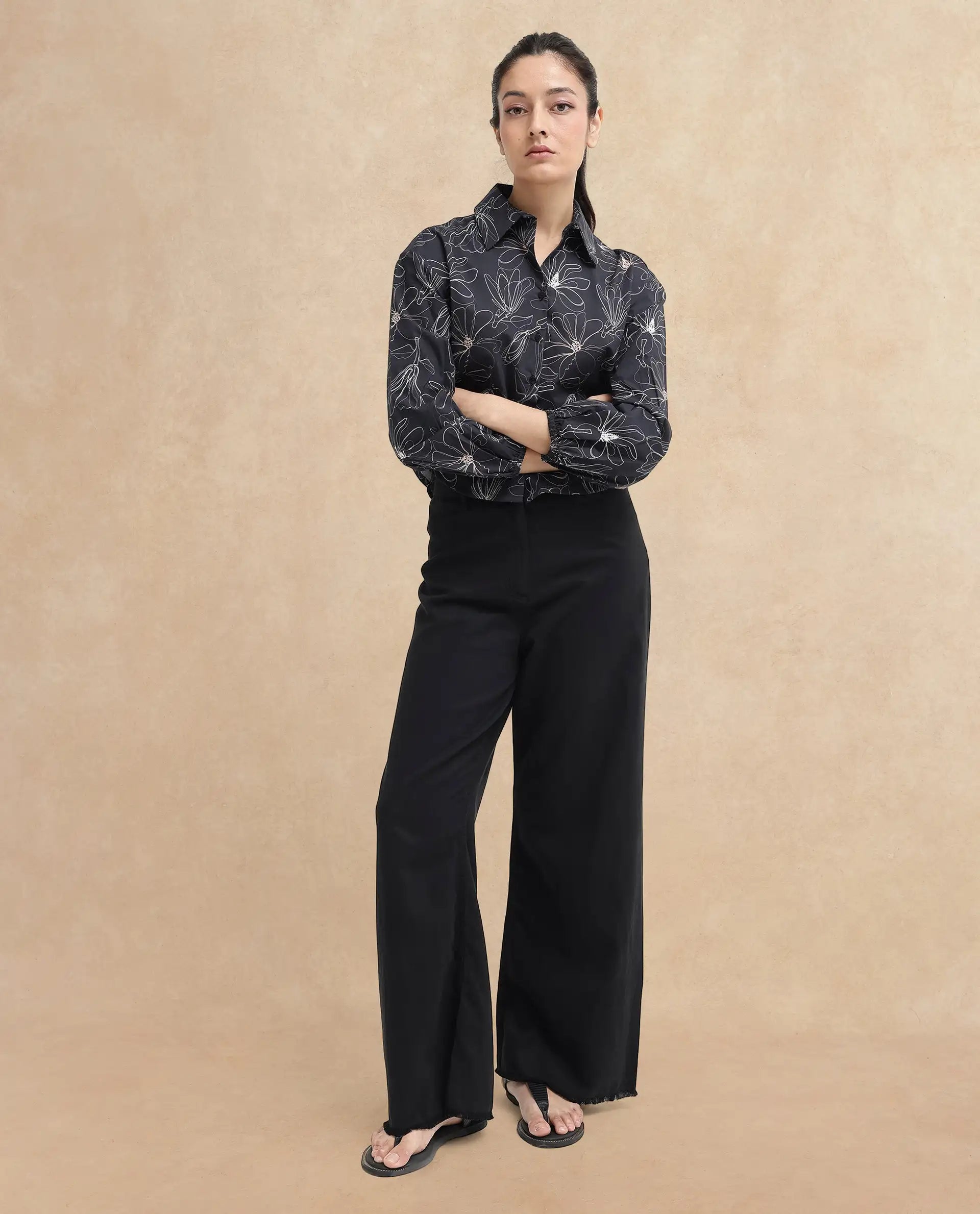 Rareism Women's Reynosa Black Cotton Johnny Collar Floral Print Bishop Sleeve Crop Regular Fit Top